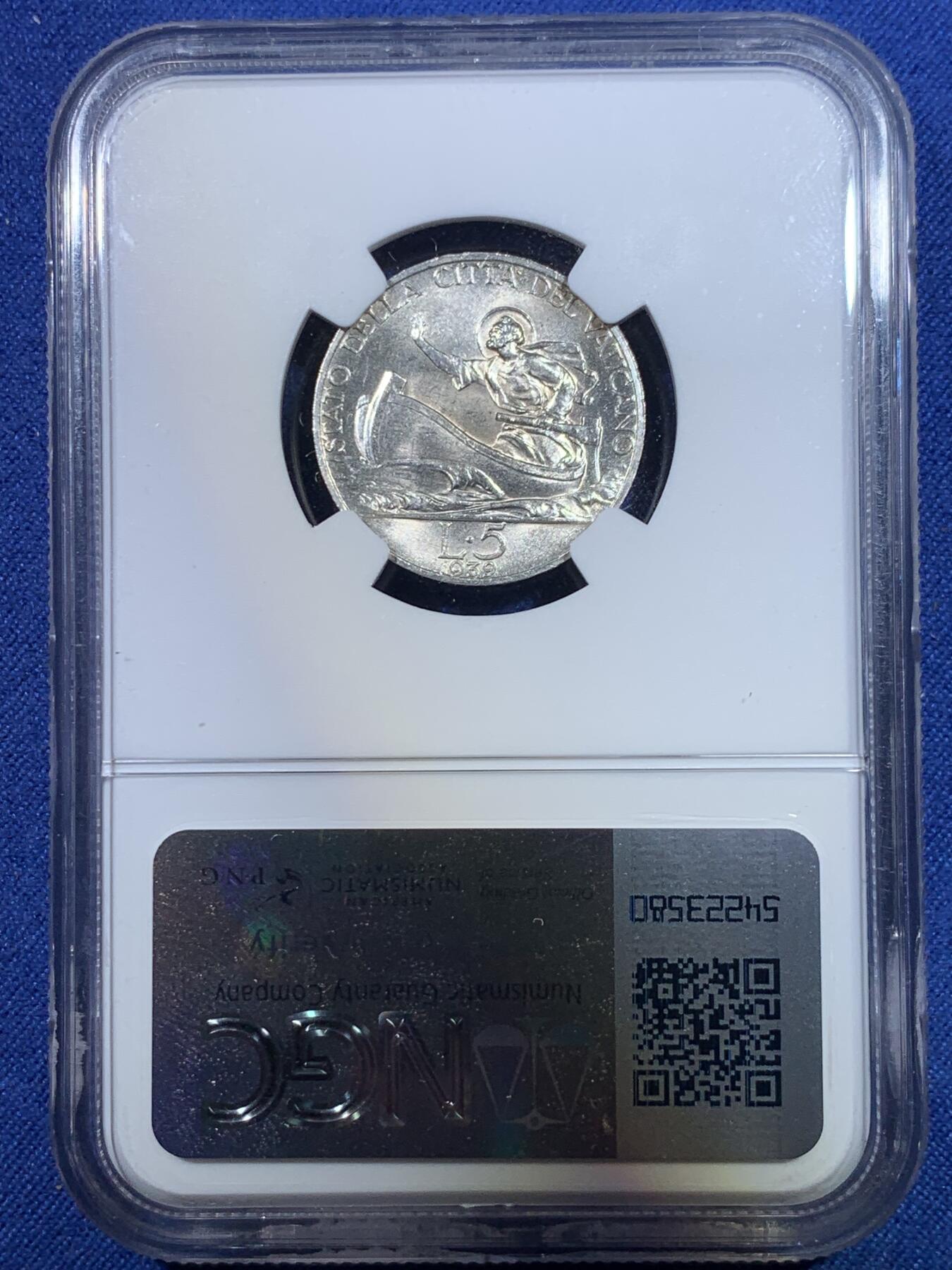 《竞宝斋》第296场- 周日，周一  2场连拍 （全场包邮） NGC MS64 梵蒂冈1939年5里拉划船银币