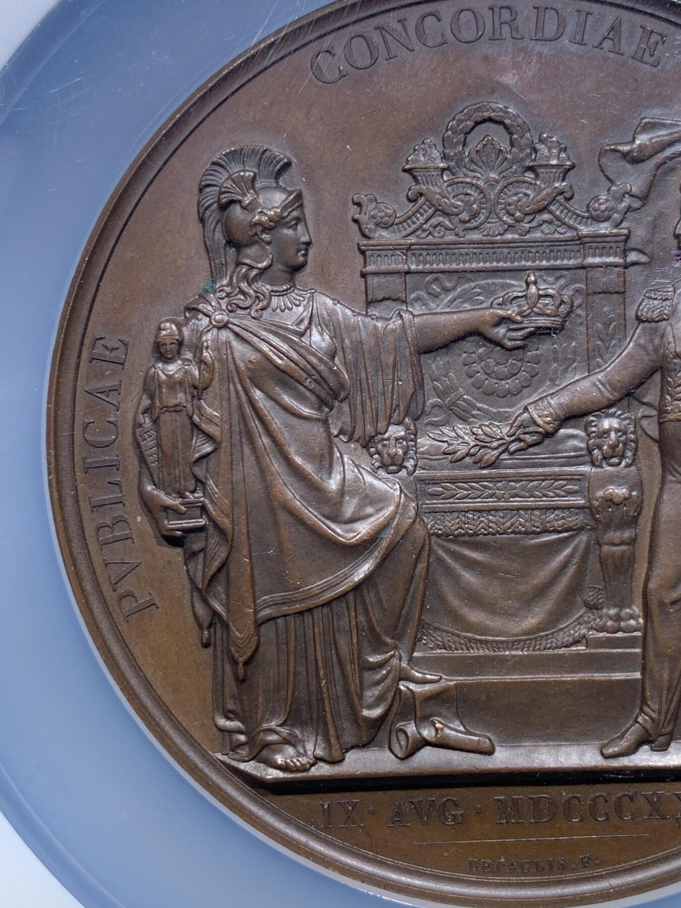 《竞宝斋》第296场- 周日，周一  2场连拍 （全场包邮） NGC MS62BN 法国 1830 菲利普一世 君权神受国王加冕超大铜章MS62,直径75mm，双面工艺好，超高浮雕，罕见铜章