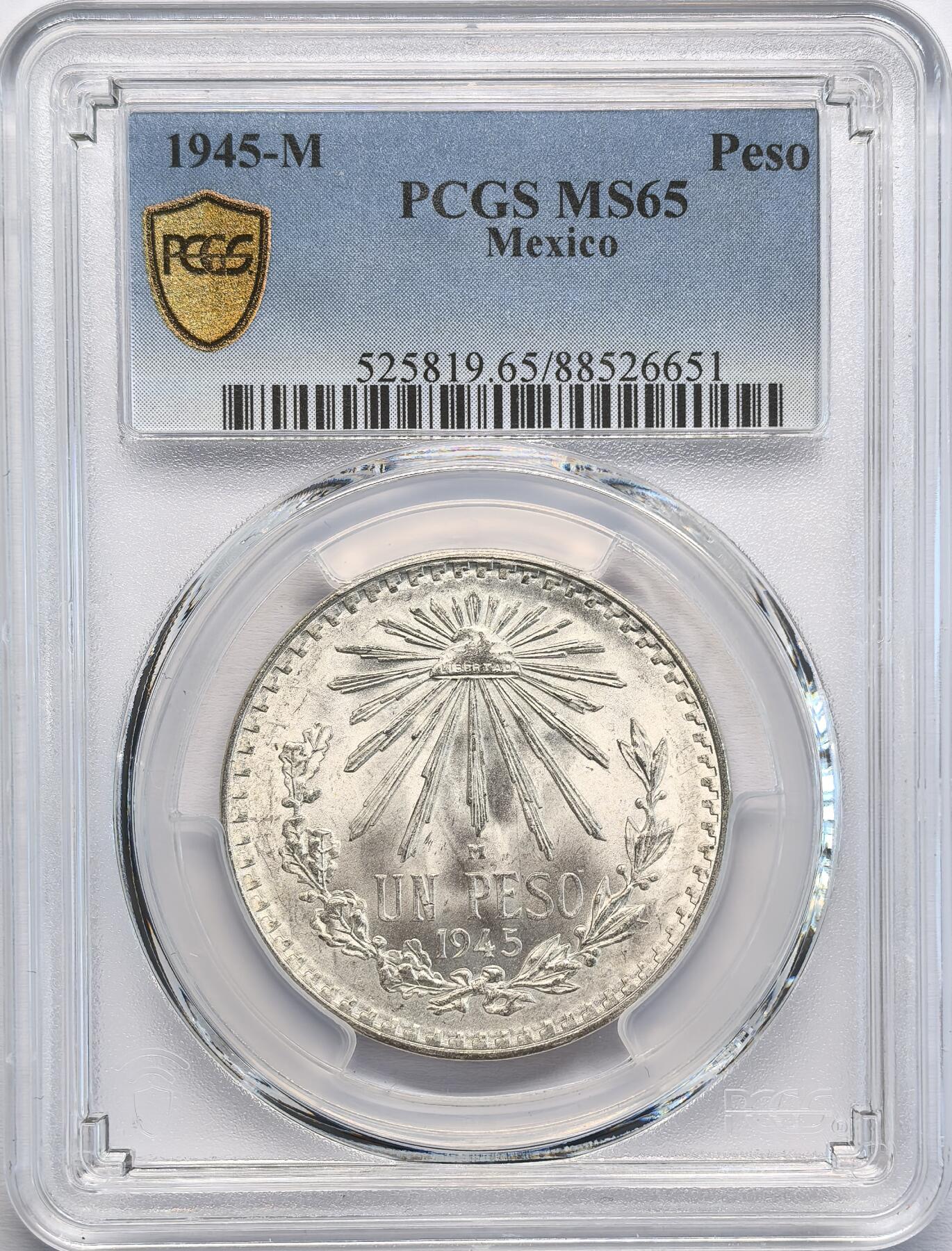 凡希社世界钱币微拍第二百八十期 1945M墨西哥射线自由帽银比索PCGS-MS65，淡金彩漂亮！