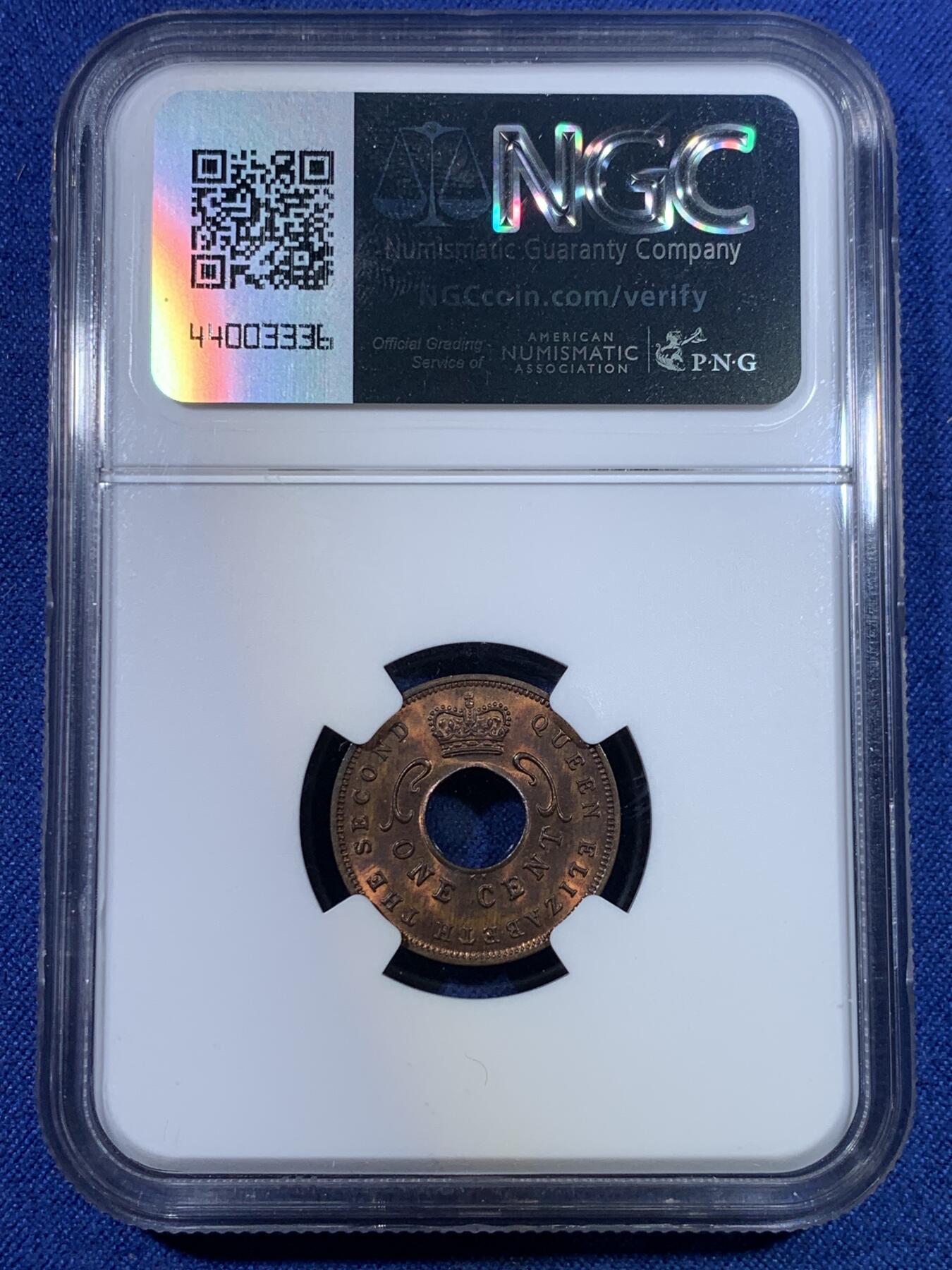 《竞宝斋》第296场- 周日，周一  2场连拍 （全场包邮） NGC MS64RB 英属东非1959年KN厂1分铜币 透光巧克力包浆