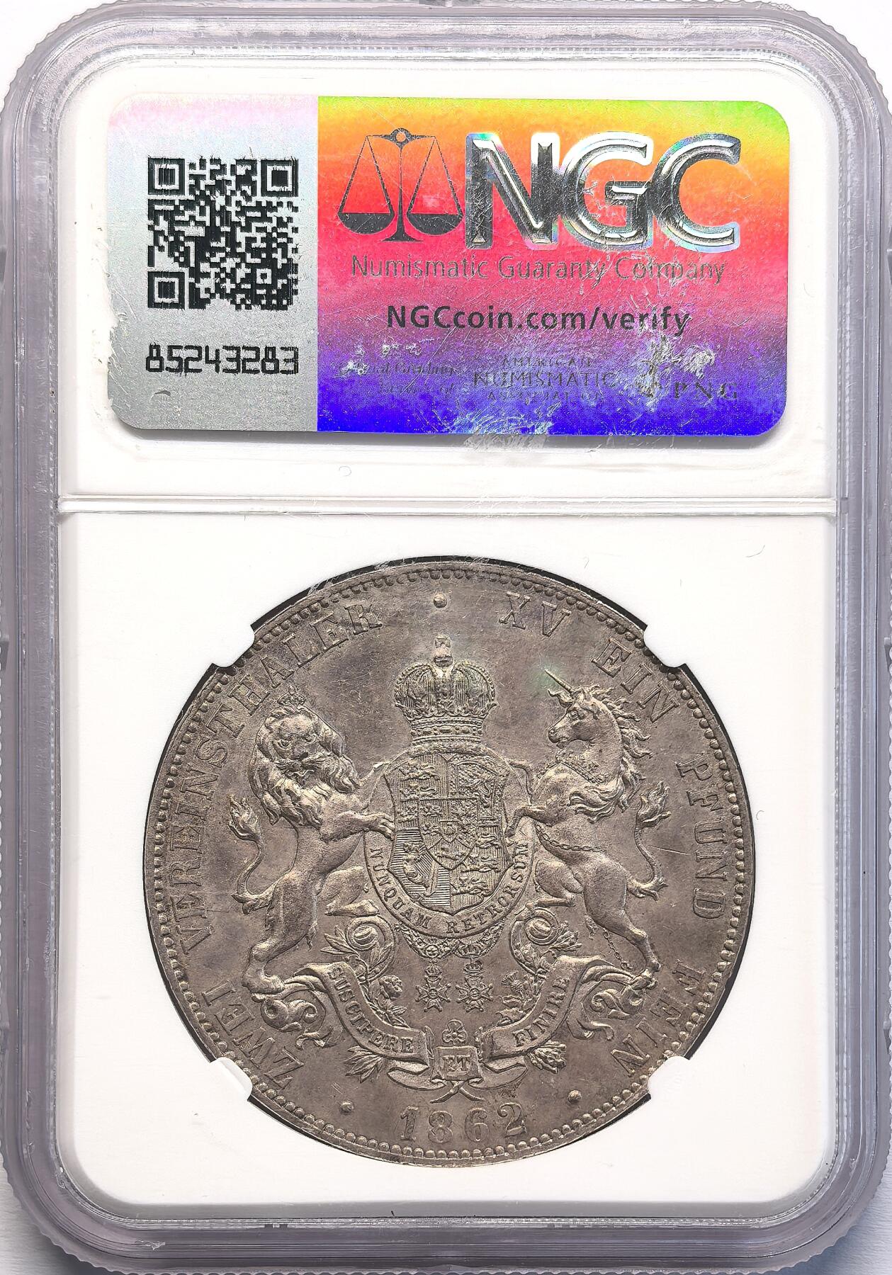 凡希社世界钱币微拍第二百八十期 1862德国汉诺威狮马2泰勒大银NGC-MS61