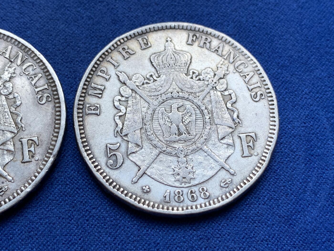 《竞宝斋》第296场- 周日，周一  2场连拍 （全场包邮） 两枚一组 法国 1868/1870年 拿破仑三世 5法郎银币