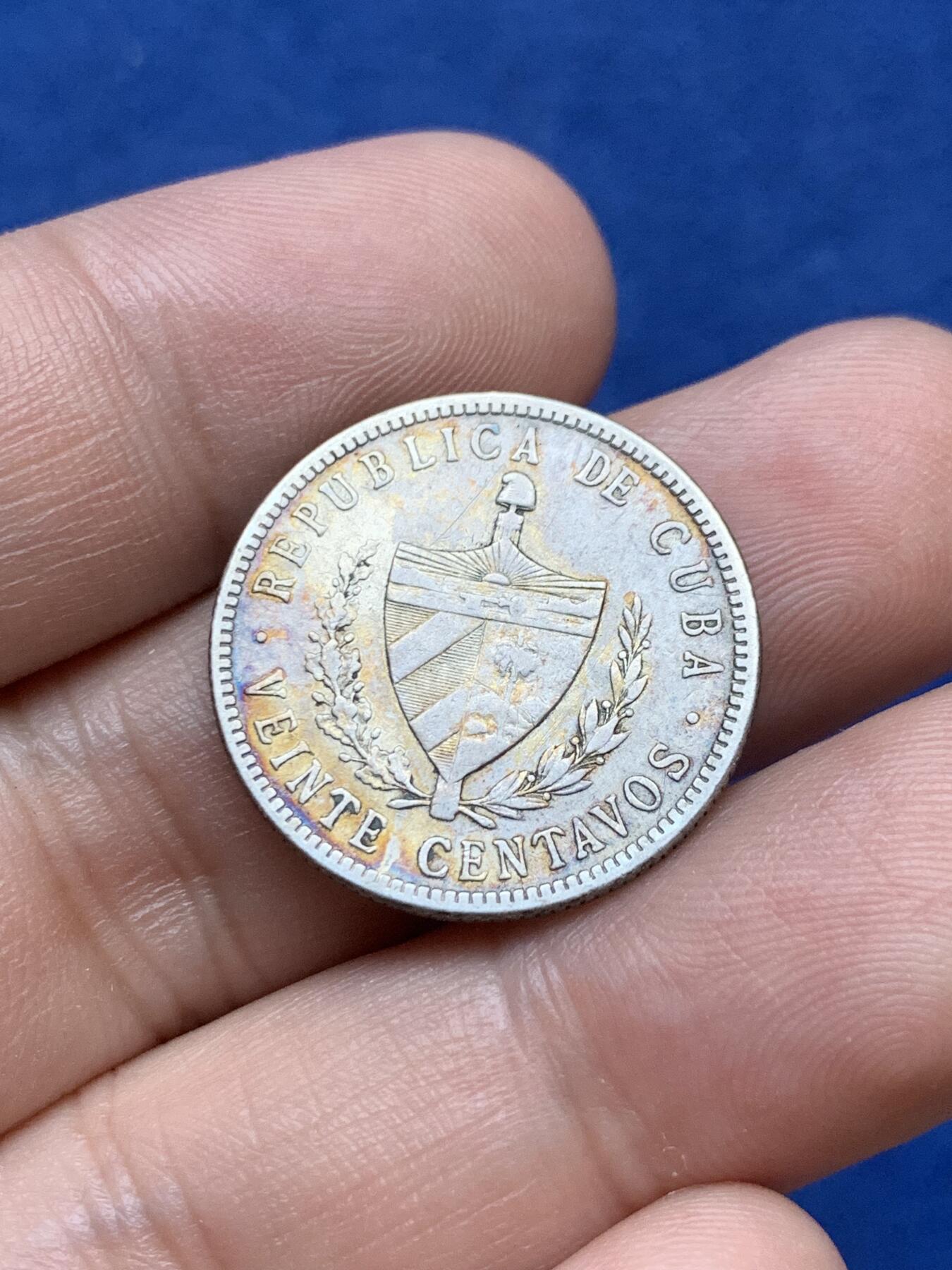 《竞宝斋》第296场- 周日，周一  2场连拍 （全场包邮） 裸币 古巴 1915年 20CENTS 自由五星 银币