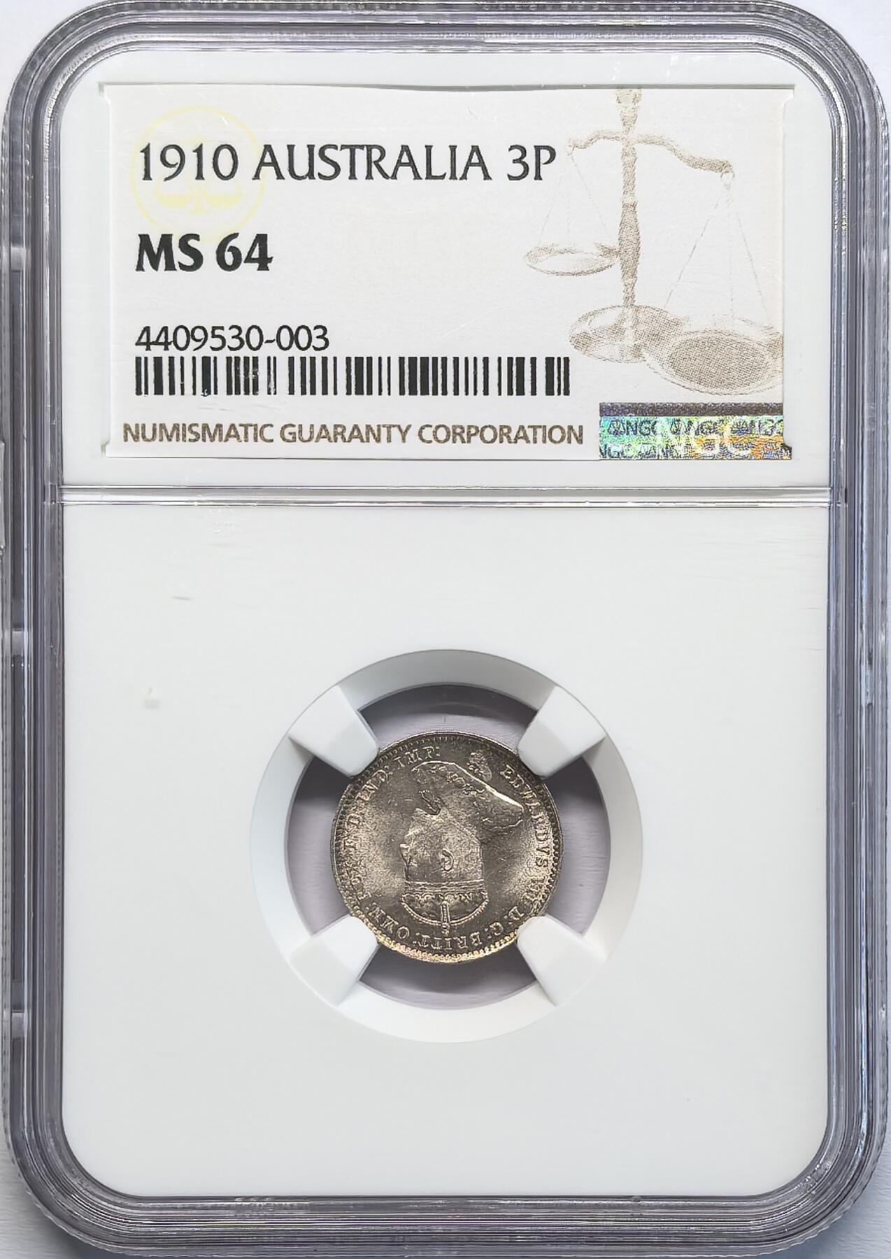 凡希社世界钱币微拍第二百八十期 1910澳大利亚爱七3便士银币NGC-MS64，难得好状态！