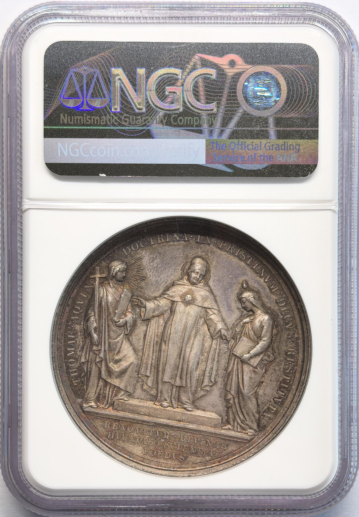 凡希社世界钱币微拍第二百八十期 1880梵蒂冈教宗里奥十三支持科学纪念银章NGC-MS63，传世美包浆，教皇两侧站立着代表神学与科学的女神，雕工精美！