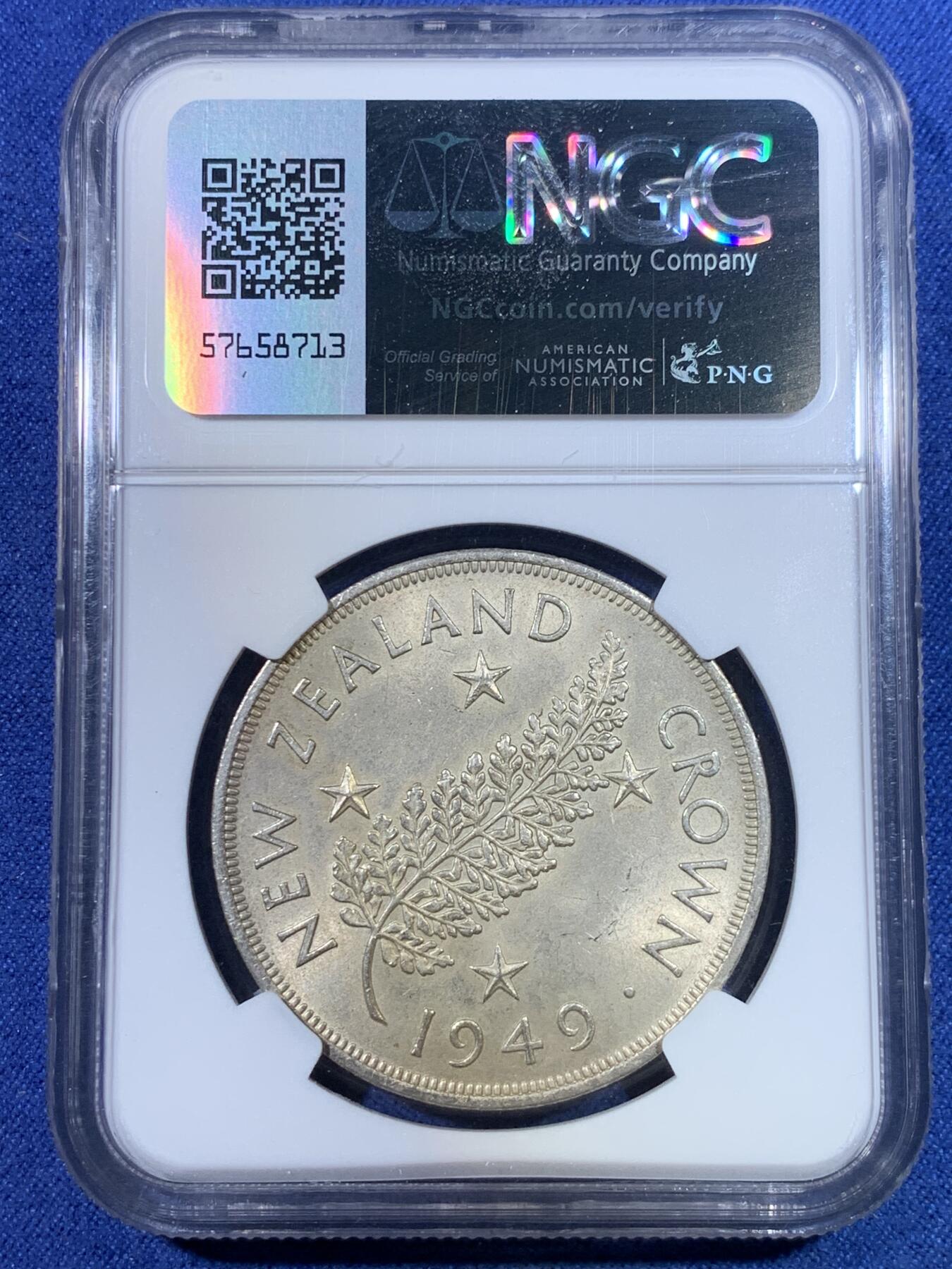 《竞宝斋》第296场- 周日，周一  2场连拍 （全场包邮） NGC MS62 新西兰1949年乔治六世克朗银币 原光好品