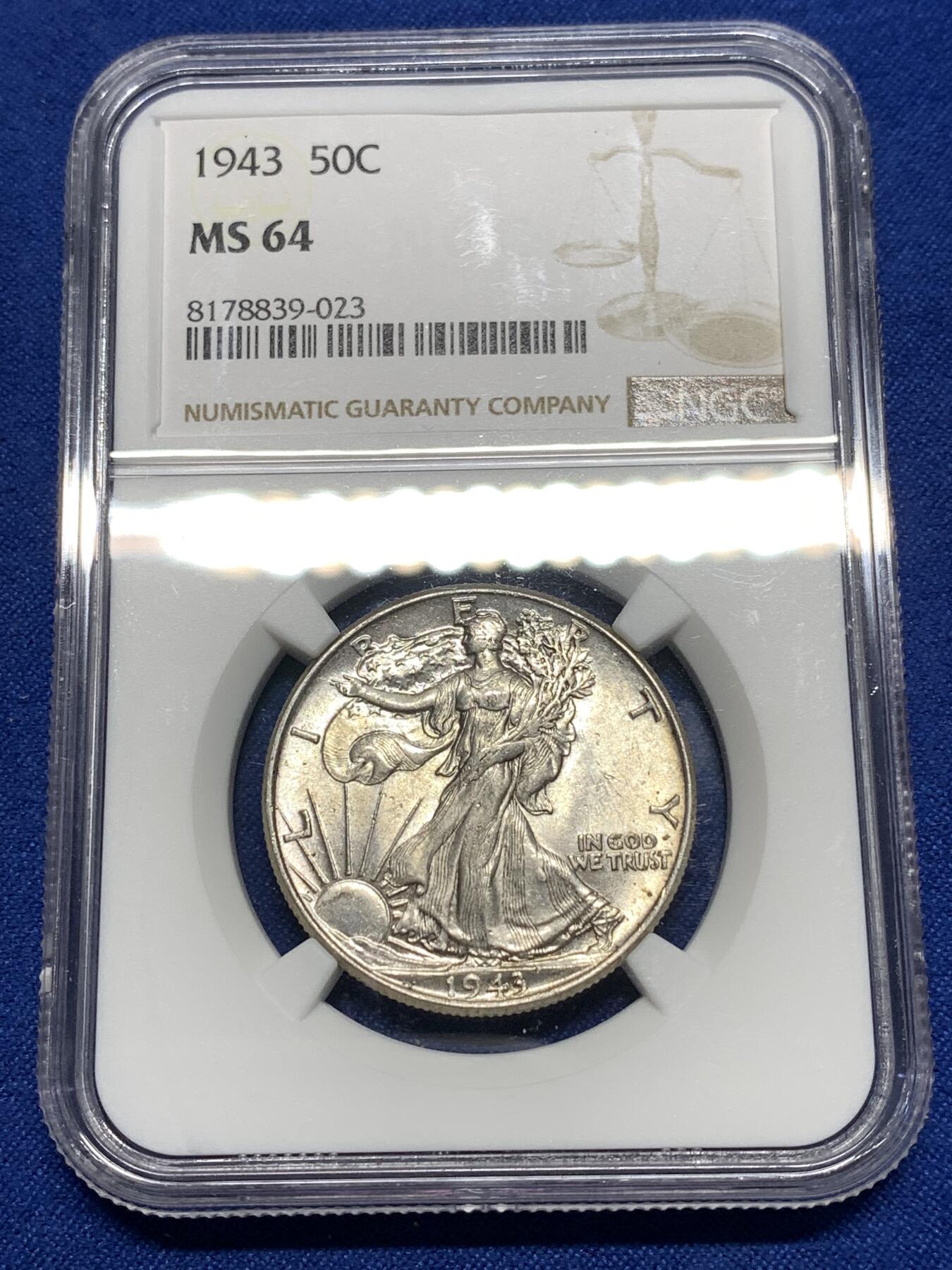 《竞宝斋》第296场- 周日，周一  2场连拍 （全场包邮） NGC MS64 美国1943行走女神半圆