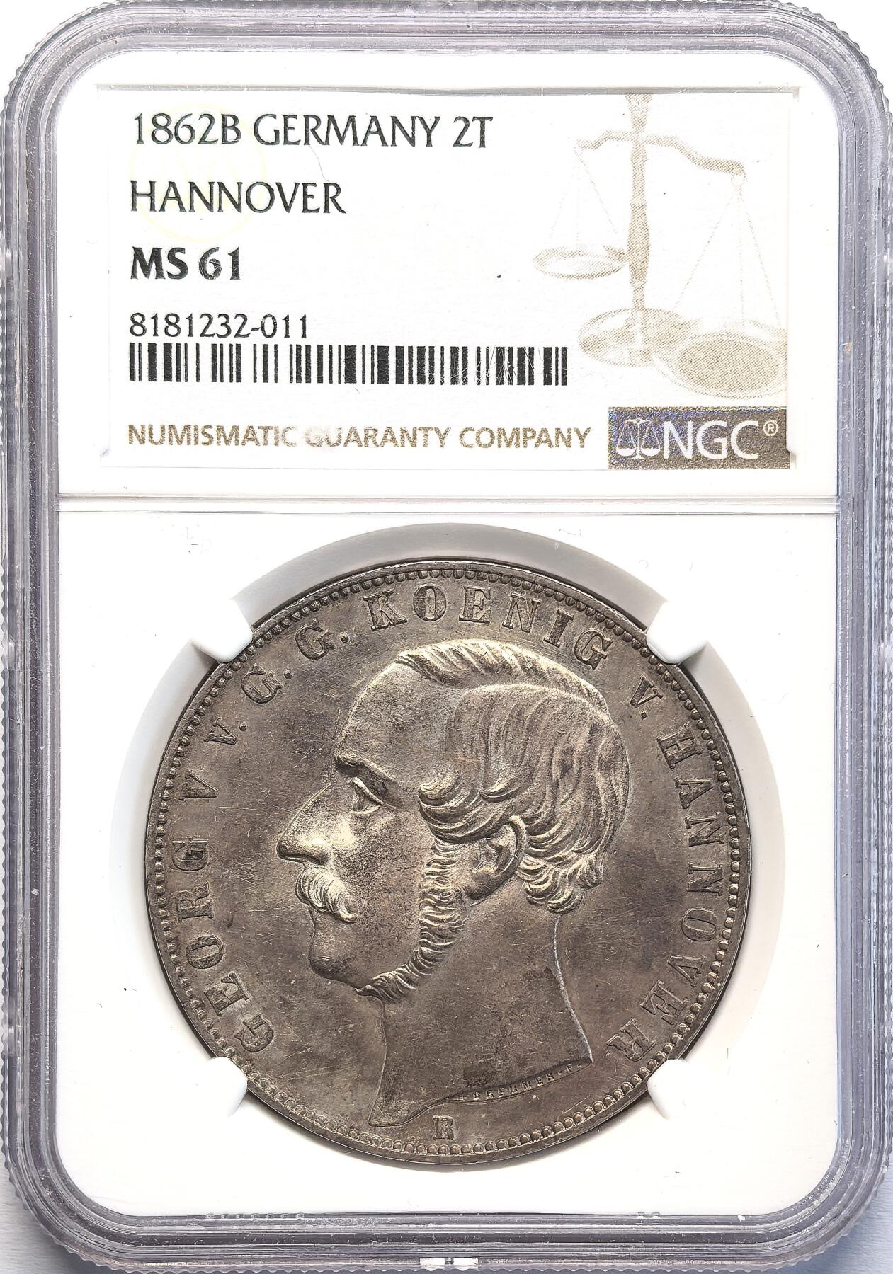 凡希社世界钱币微拍第二百八十期 1862德国汉诺威狮马2泰勒大银NGC-MS61