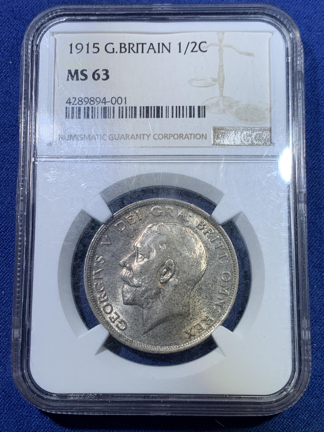 《竞宝斋》第296场- 周日，周一  2场连拍 （全场包邮） NGC MS63 英国1915乔治五世半克朗 原味老包浆 味道很好