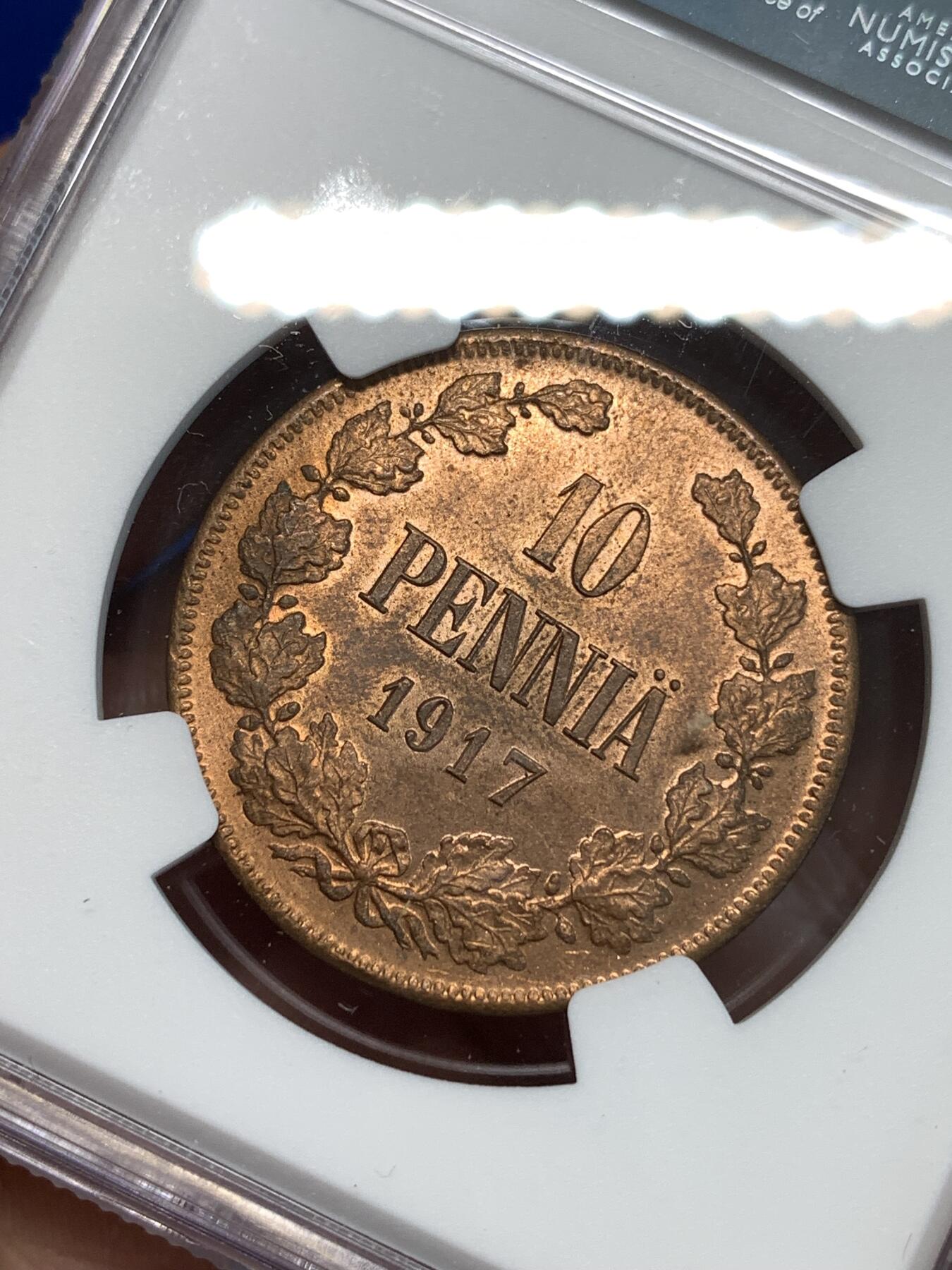 《竞宝斋》第296场- 周日，周一  2场连拍 （全场包邮） NGC MS63RB 俄占芬兰1917年克伦斯基临时政府无皇冠双头鹰10盆尼铜币