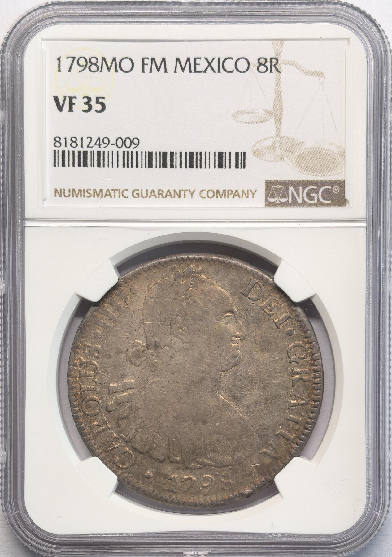 凡希社世界钱币微拍第二百八十期 1798MO墨西哥卡四双柱8R NGC-VF35