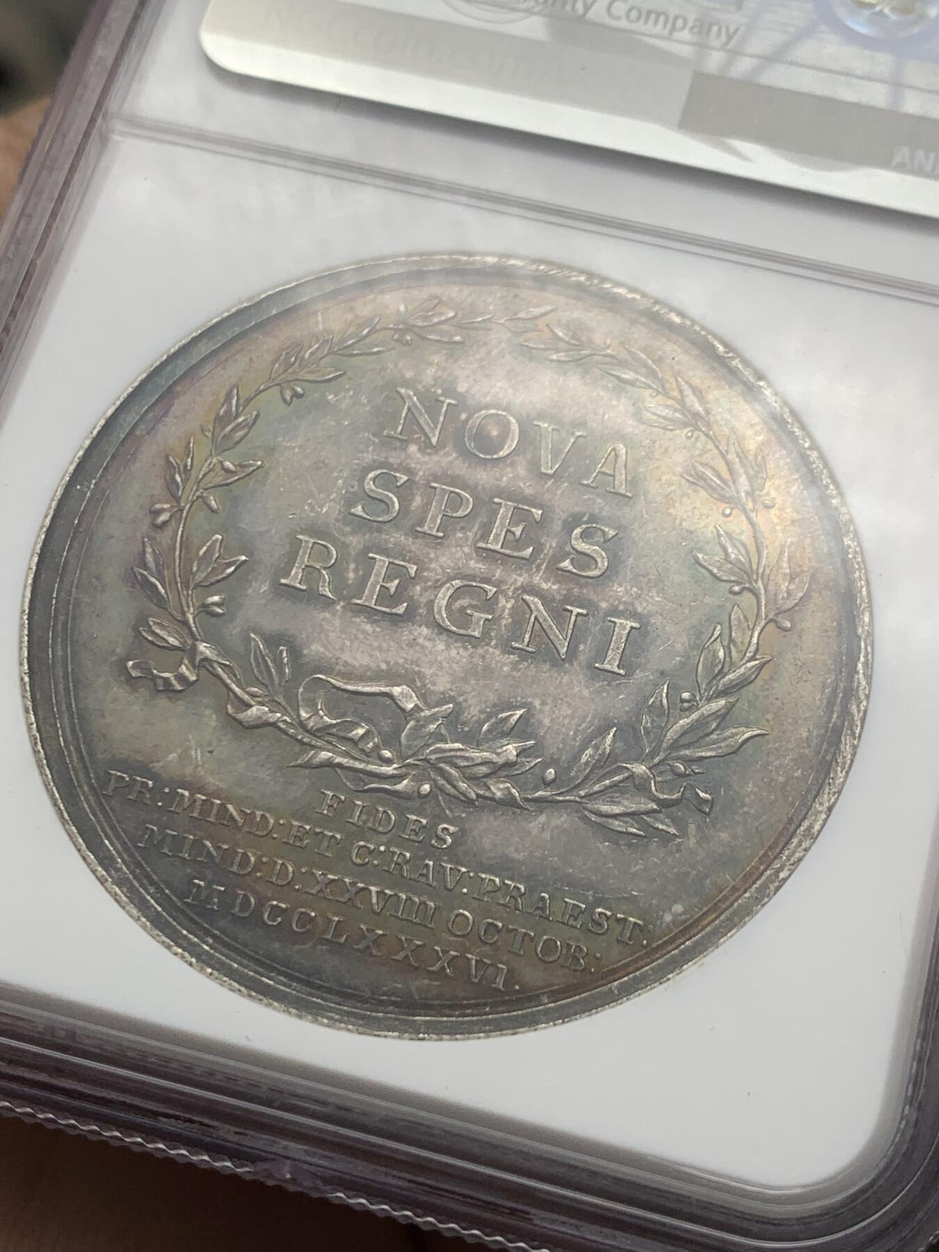 《竞宝斋》第296场- 周日，周一  2场连拍 （全场包邮） NGC MS60 德国 1786 普鲁士 威廉二世 致敬勃兰登堡 纪念大银章 稀见品种