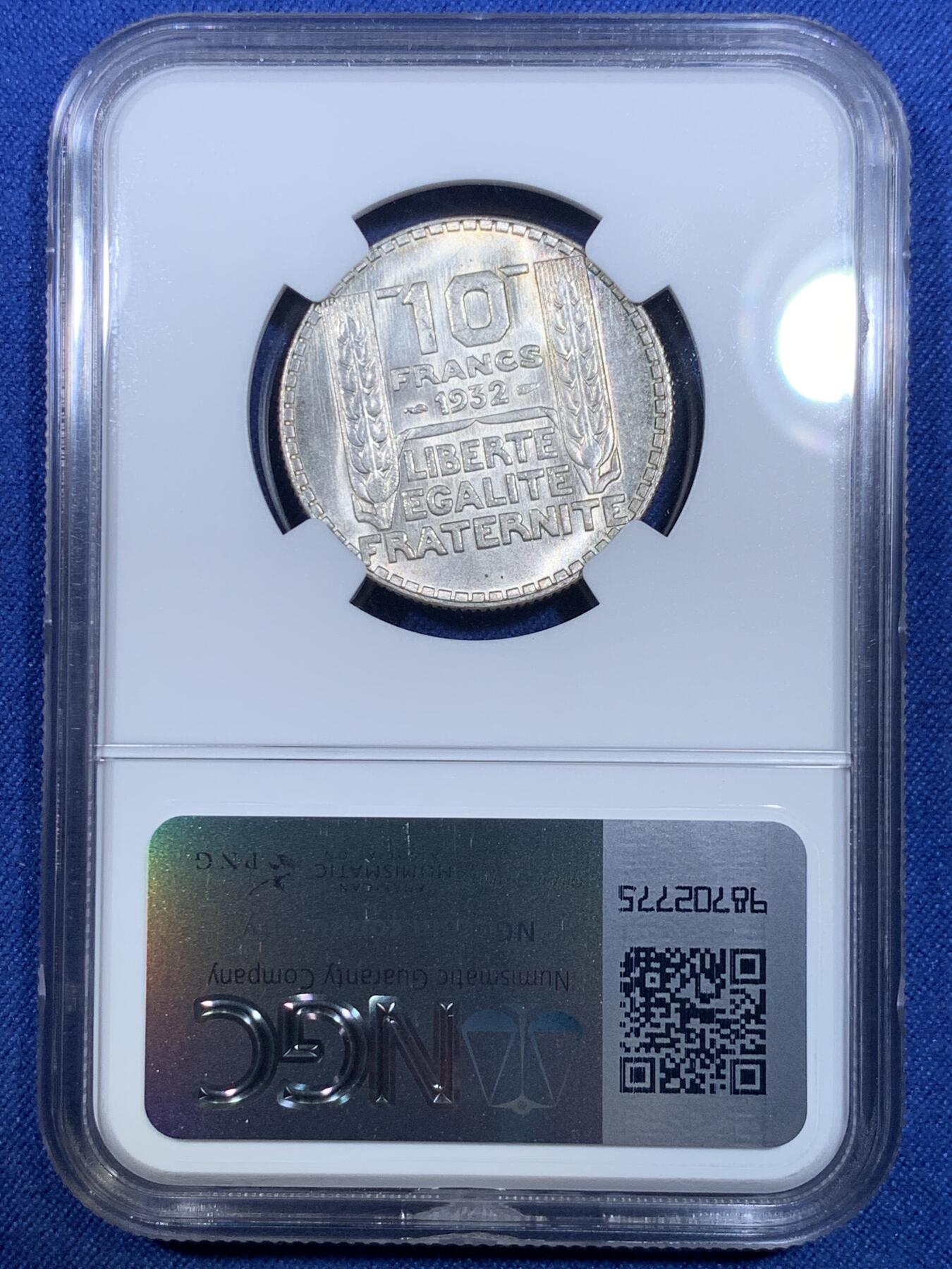 《竞宝斋》第296场- 周日，周一  2场连拍 （全场包邮） NGC MS65 法国1932年谷物女神10法郎银币