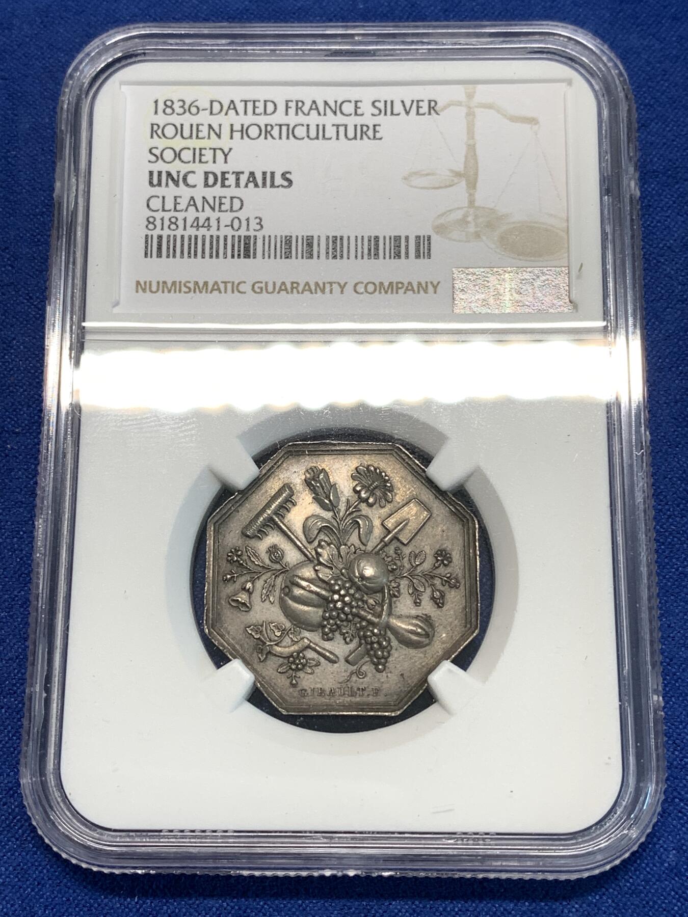 《竞宝斋》第296场- 周日，周一  2场连拍 （全场包邮） NGC UNC 法国1836塞纳河下游鲁昂市中央园艺学会八角银质代币