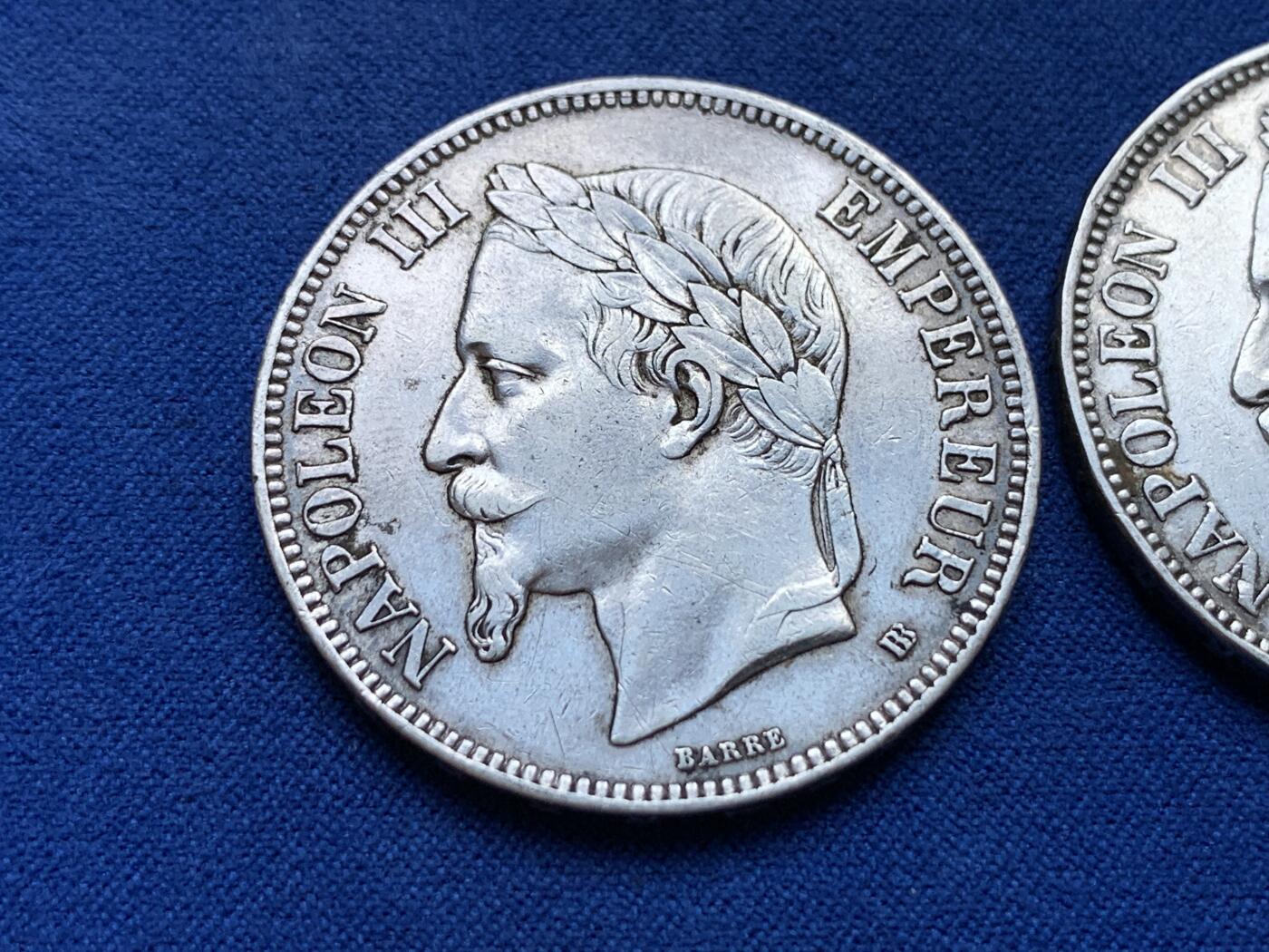 《竞宝斋》第296场- 周日，周一  2场连拍 （全场包邮） 两枚一组 法国 1868/1870年 拿破仑三世 5法郎银币