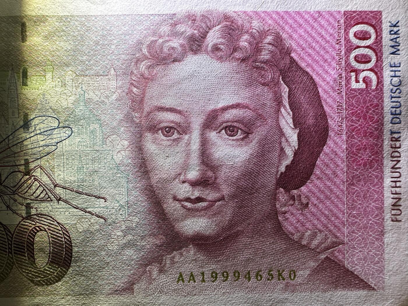 《张总收藏》162期-周六外币百拍精品场 德国500马克 UNC- 1991年 德国女画家梅里安 AA冠 底部有一处黄