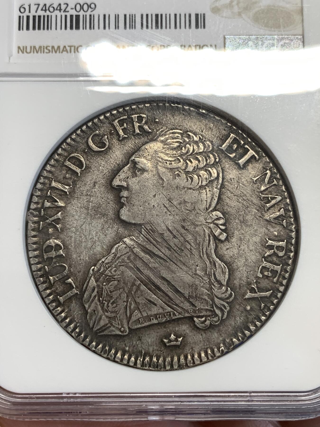 《竞宝斋》第296场- 周日，周一  2场连拍 （全场包邮） NGC XFD 法国1785-M年图卢兹 路易十六 老埃居 银币 无明显减重痕适合收藏 一流味道