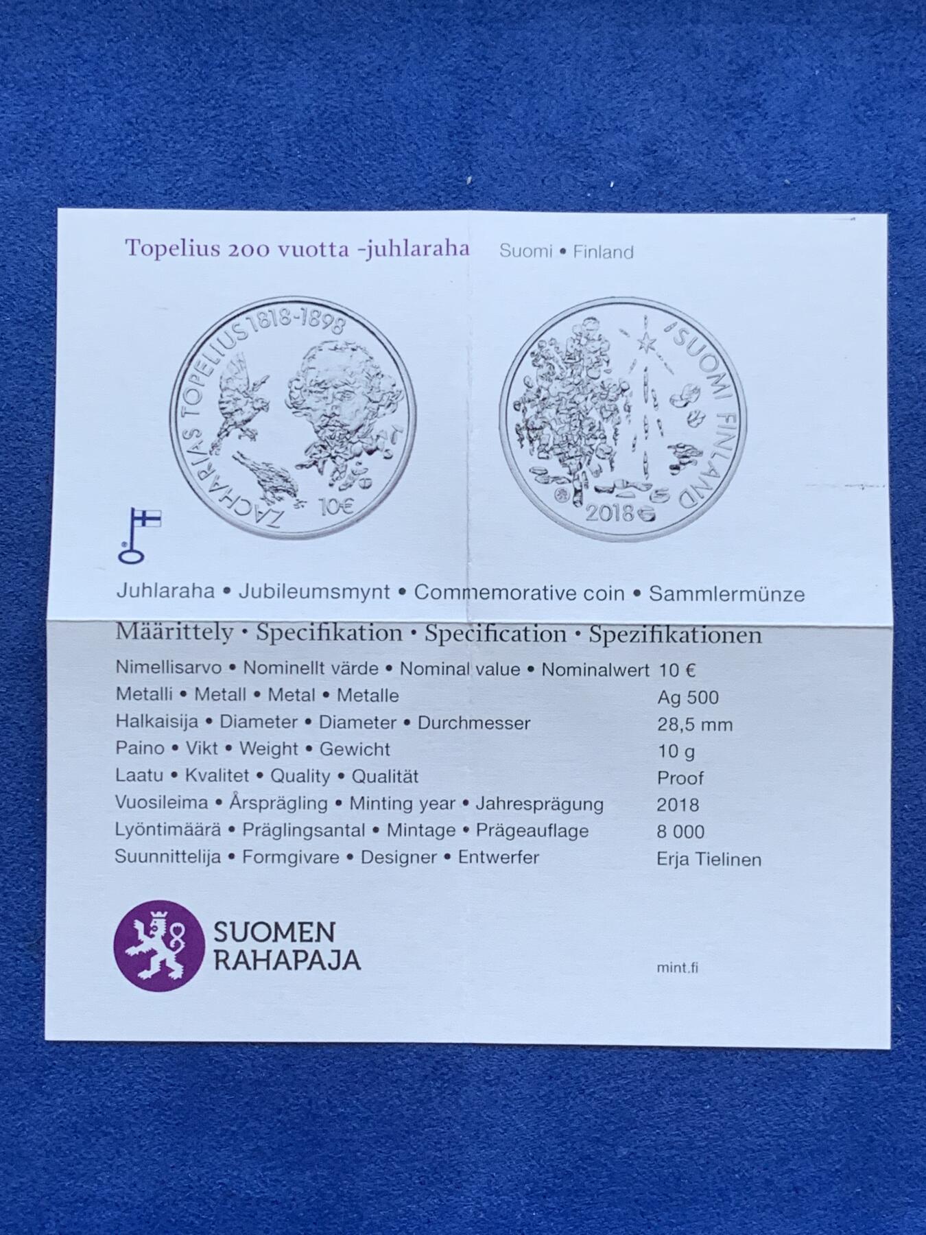 《竞宝斋》第296场- 周日，周一  2场连拍 （全场包邮） 2018年 芬兰 10欧元 撒西咪文化纪念 发行数量8000 银0.5 10克 原盒证