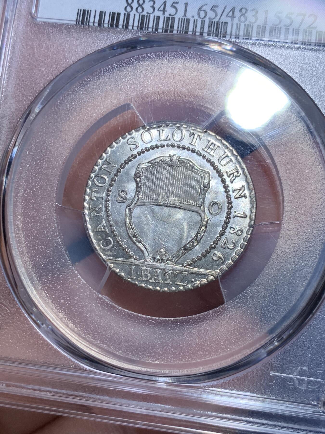 《竞宝斋》第296场- 周日，周一  2场连拍 （全场包邮） PCGS MS65 瑞士索洛图恩 1826年 1巴增银币 亚军分 近200年历史的小辅币 镜面感很足 很漂亮