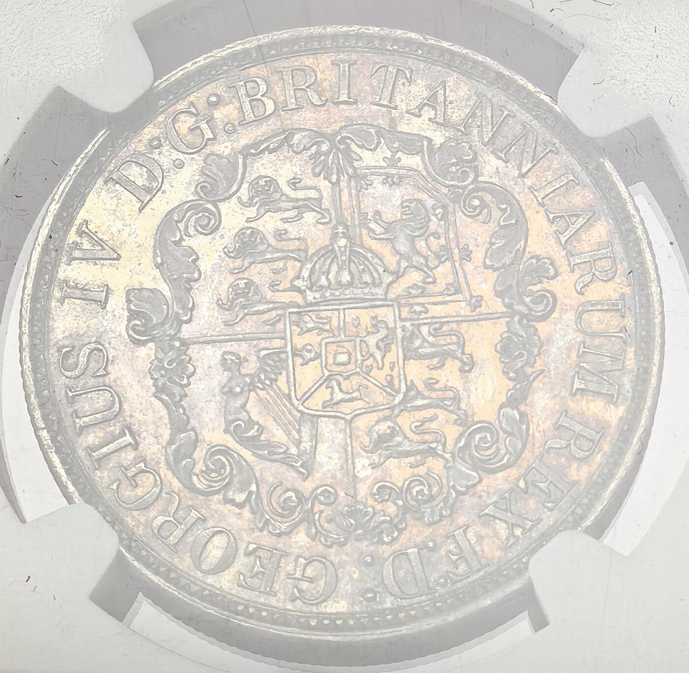 凡希社世界钱币微拍第二百八十期 荐！1822/1英国殖民地锚币1/2元NGC-UNCD，中灰包浆，细节完美，有分没分可能也只在一念之间。英国为各殖民地发行的一套通用货币，规格以墨西哥银元的1/2、1/4、1/8和1/16为标准，其他三种小面值相对常见，唯独1/2，不管哪种品相都稀有，这枚如果在纸袋里放置一段时日，极大概率会有分，去年一枚P63得价5280美金。