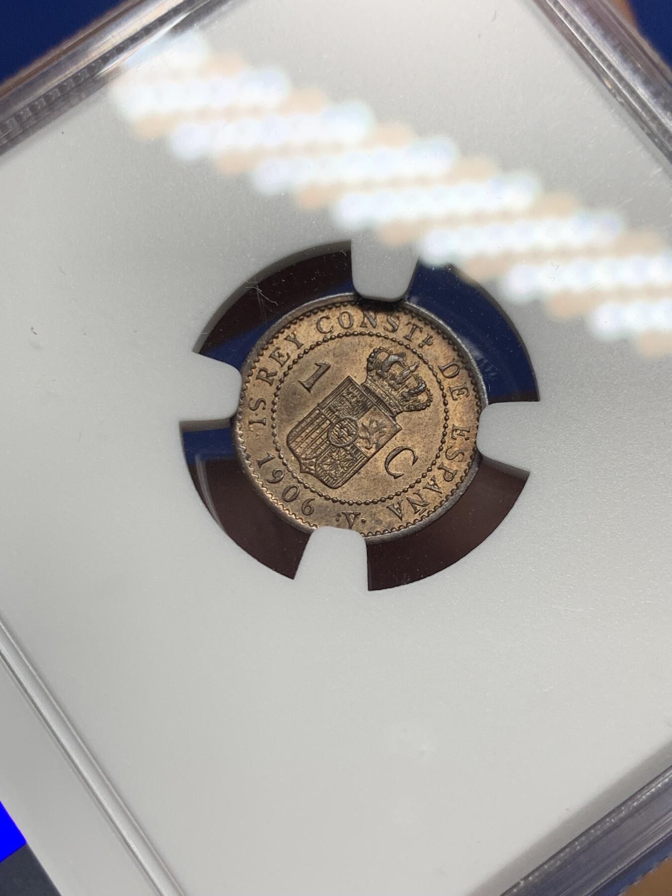 《竞宝斋》第296场- 周日，周一  2场连拍 （全场包邮） NGC MS63BN 西班牙1906年阿方索十三世1分铜币