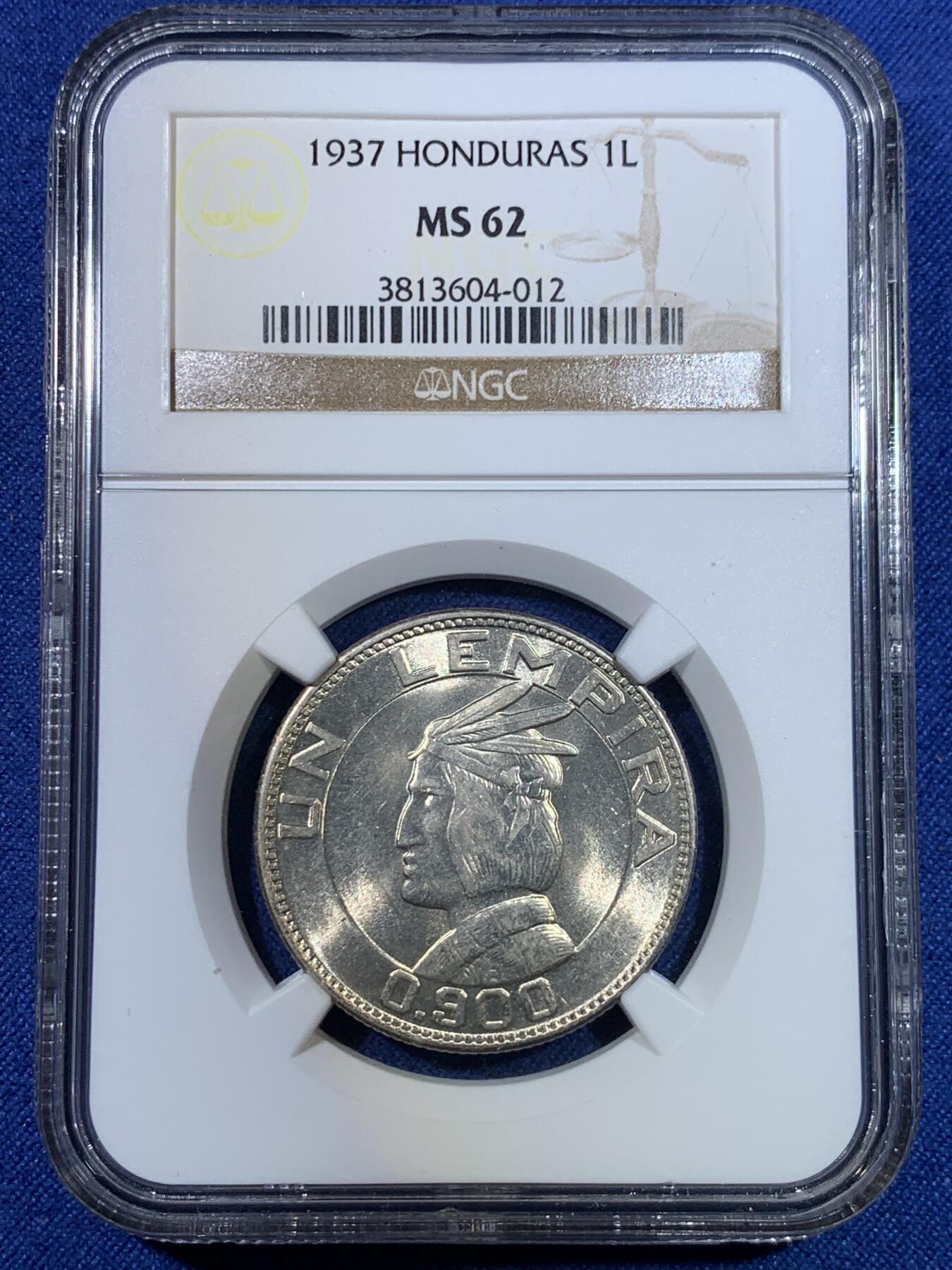 《竞宝斋》第296场- 周日，周一  2场连拍 （全场包邮） NGC MS62 洪都拉斯 1937年 1伦皮拉 银币 最大面值银币 少见品种 喜欢的不要错过了