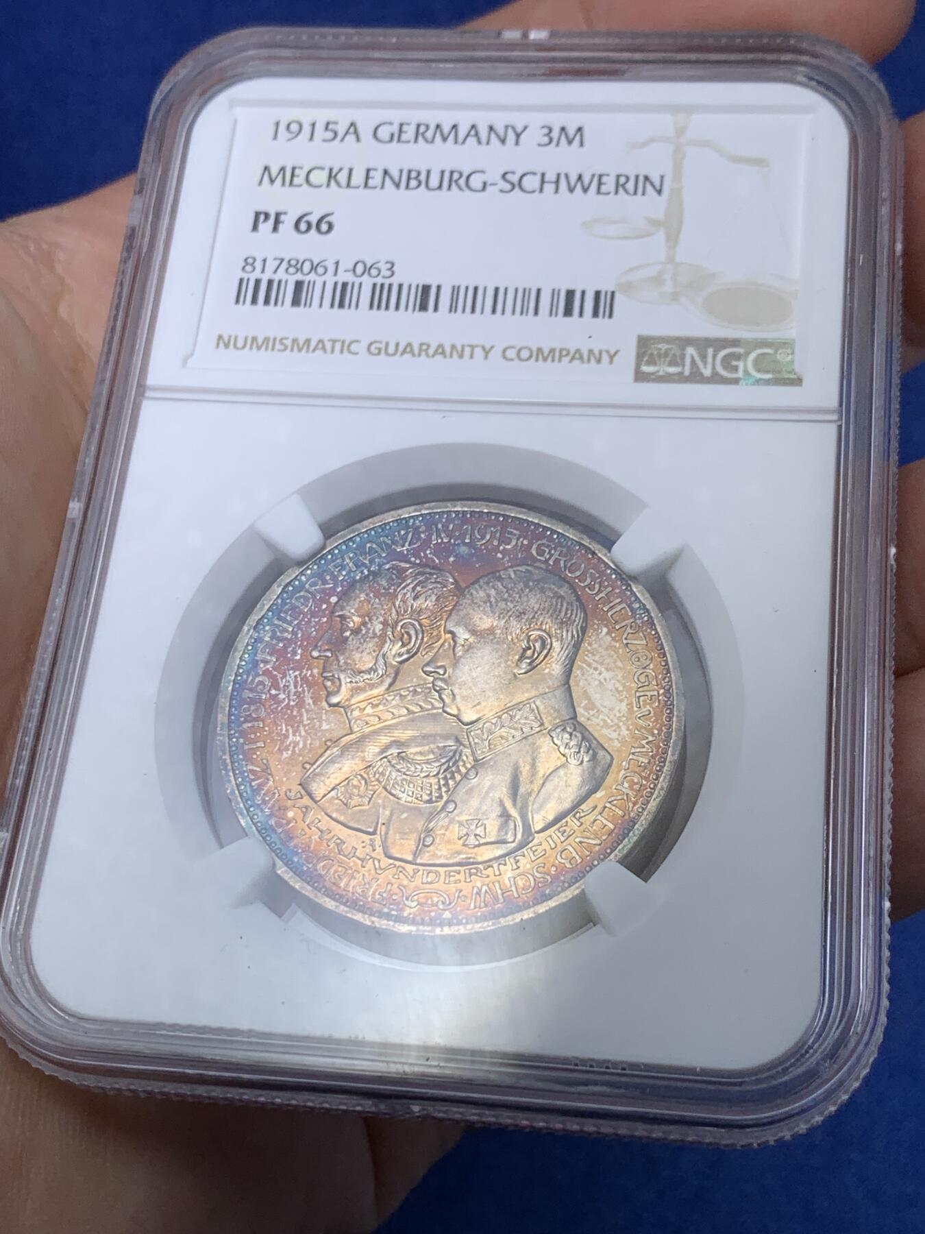 《竞宝斋》第296场- 周日，周一  2场连拍 （全场包邮） NGC PF66 德国梅克伦堡-什末林大公国 1915年精制币3马克 高端马克品种