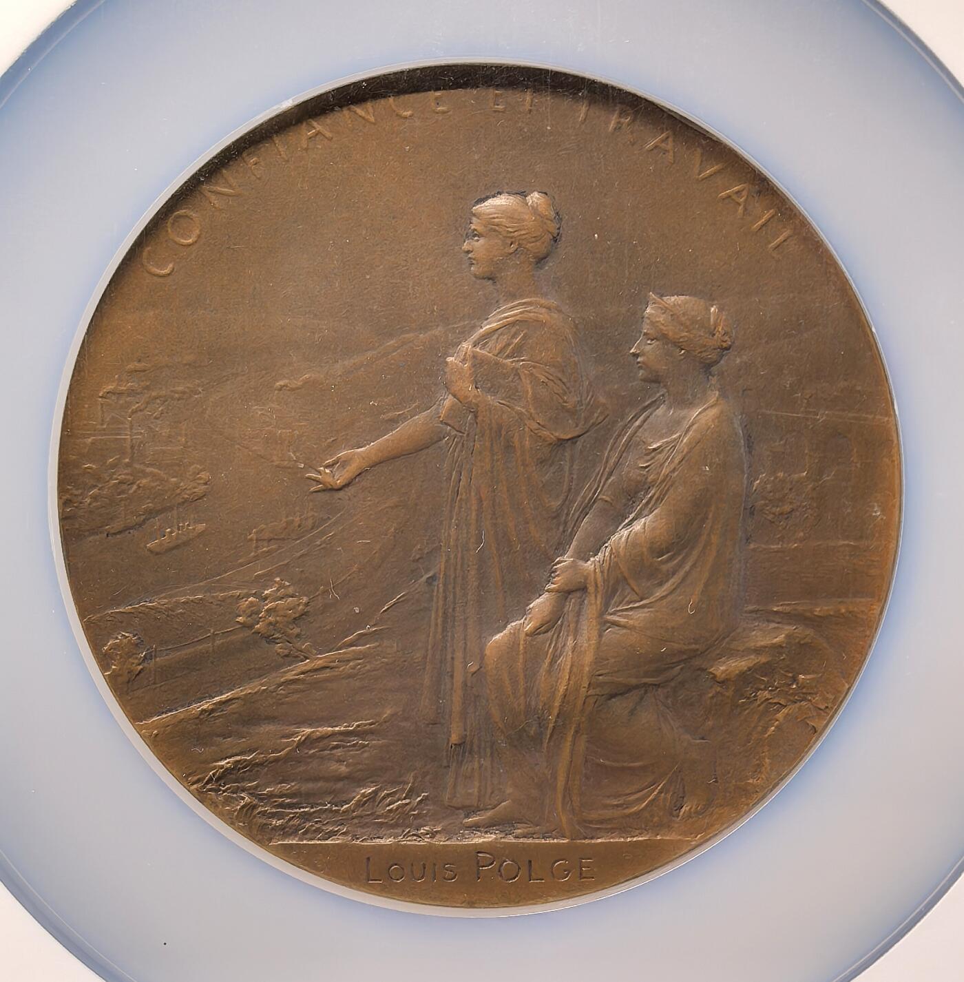 凡希社世界钱币微拍第二百八十期 1900法兰西银行成立百年纪念大铜章NGC-MS64，浅浮雕，Roty名家作品，气韵典雅的一枚原铸好章！