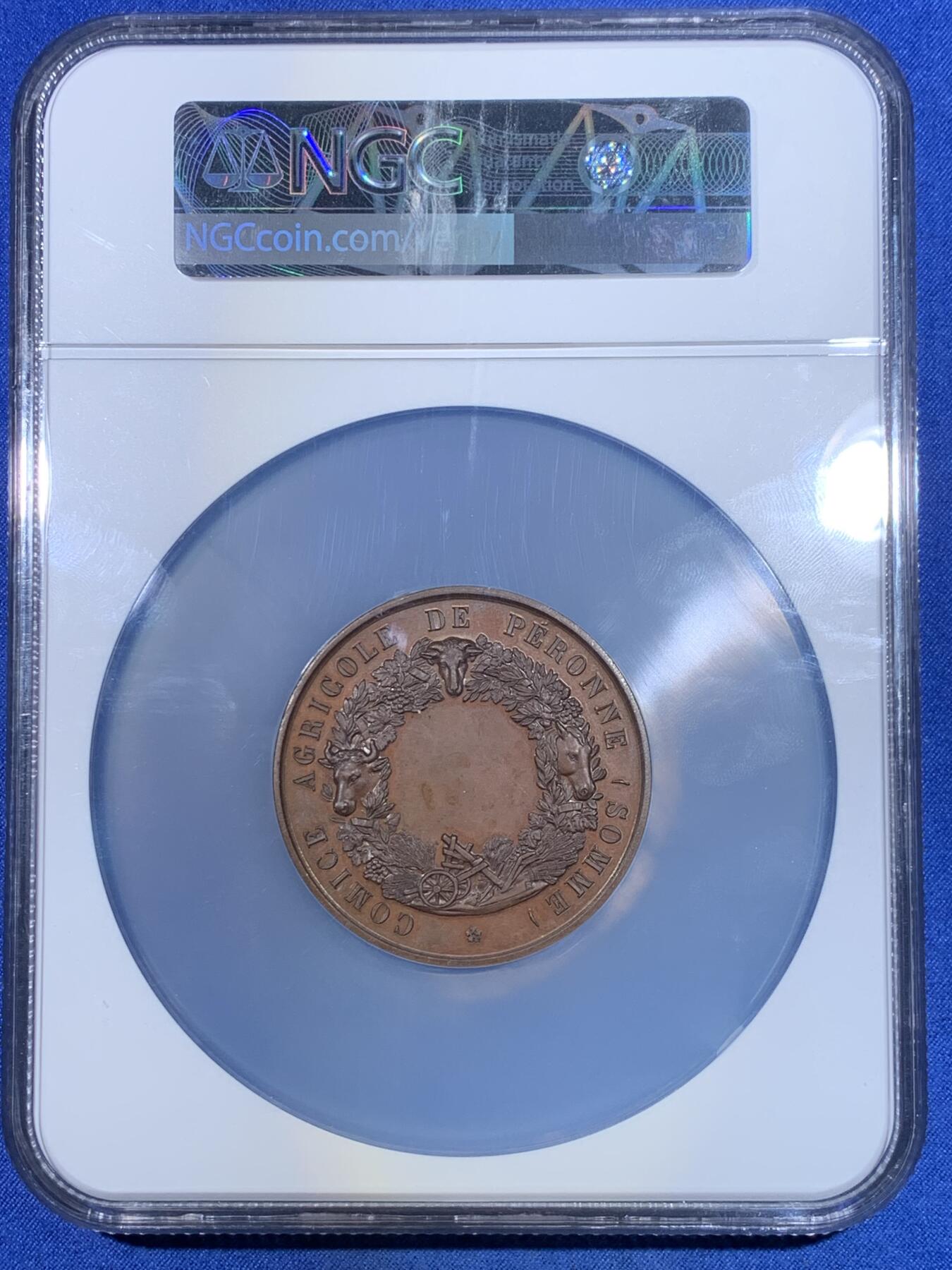 《竞宝斋》第296场- 周日，周一  2场连拍 （全场包邮） NGC MS64BN  法国Loire卢瓦省葡萄种植大铜章 直径50.5mm 大盒封装