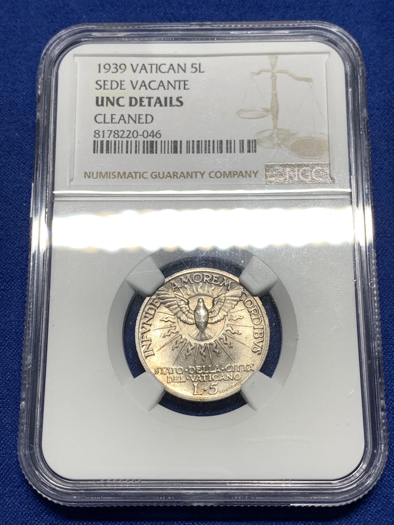 《竞宝斋》第296场- 周日，周一  2场连拍 （全场包邮） NGC UNC 梵蒂冈1939年缺位5里拉银币