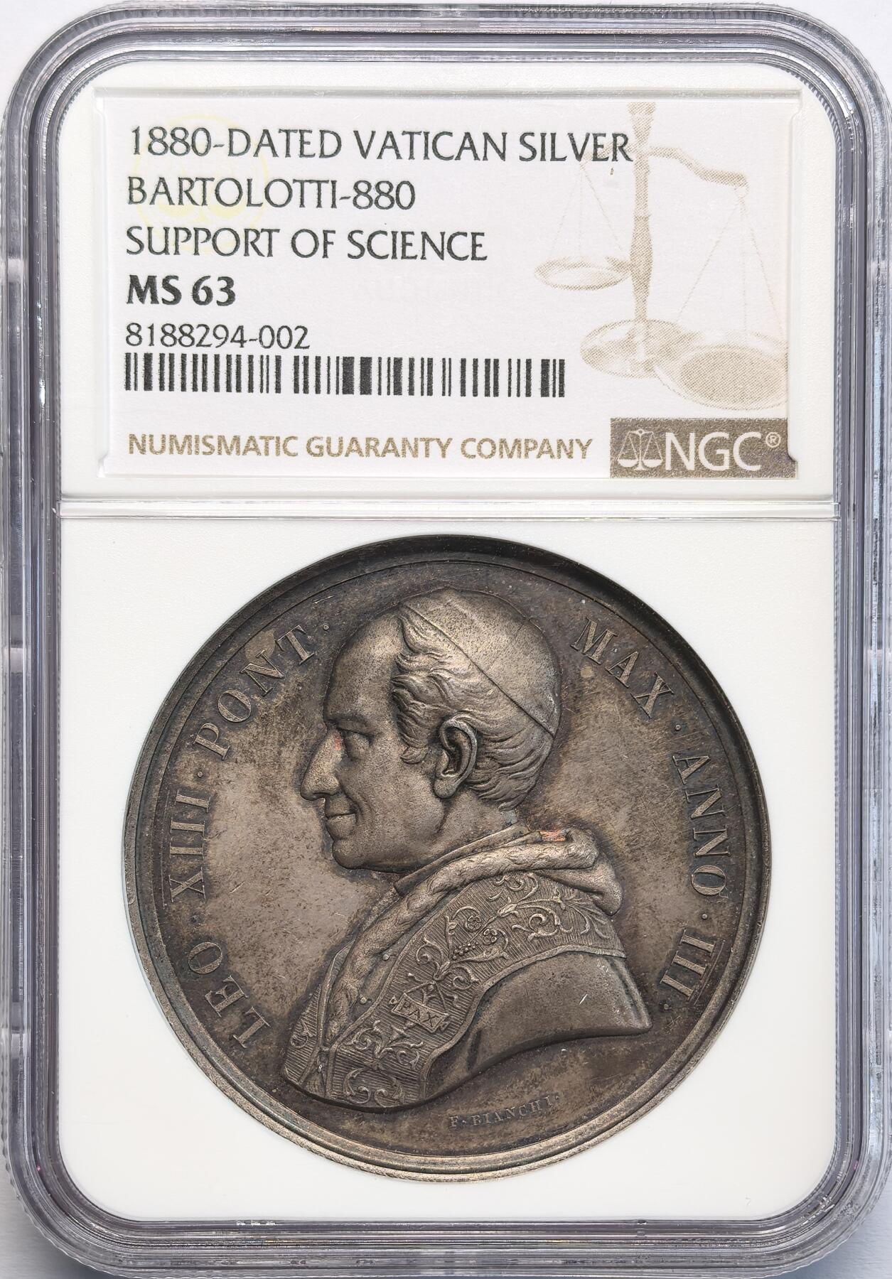 凡希社世界钱币微拍第二百八十期 1880梵蒂冈教宗里奥十三支持科学纪念银章NGC-MS63，传世美包浆，教皇两侧站立着代表神学与科学的女神，雕工精美！
