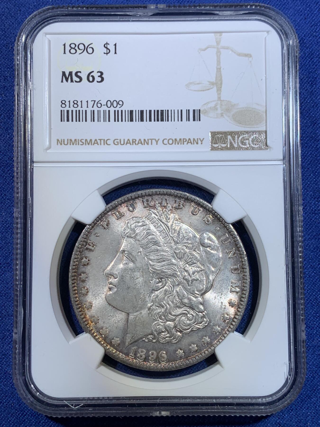 《竞宝斋》第296场- 周日，周一  2场连拍 （全场包邮） NGC MS63 美国1896年p版摩根银币 双面环彩 这枚的彩很漂亮