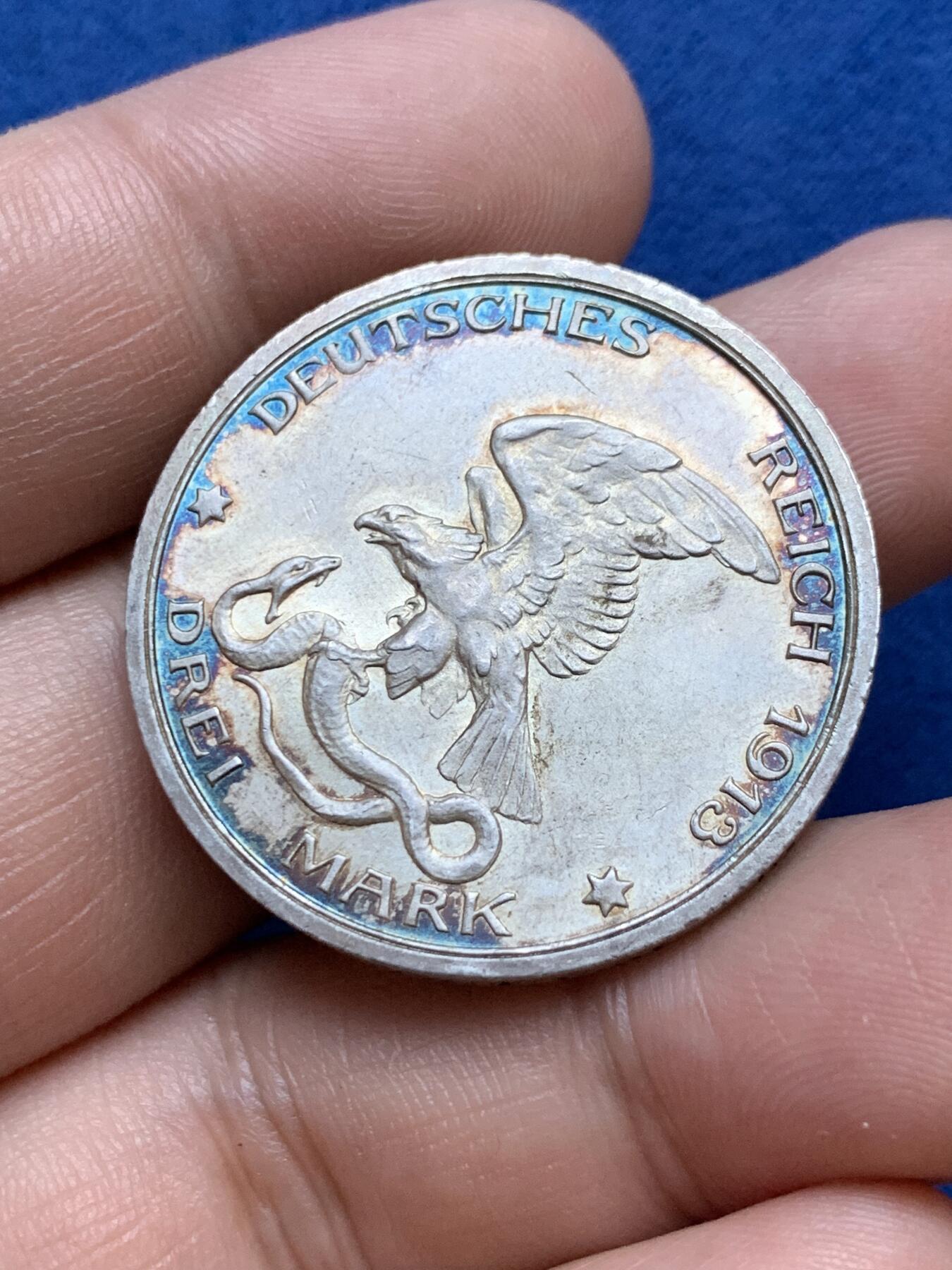 《竞宝斋》第296场- 周日，周一  2场连拍 （全场包邮） 德国1913年普鲁士战胜拿破仑一百周年纪念3马克 转光带彩状态很好