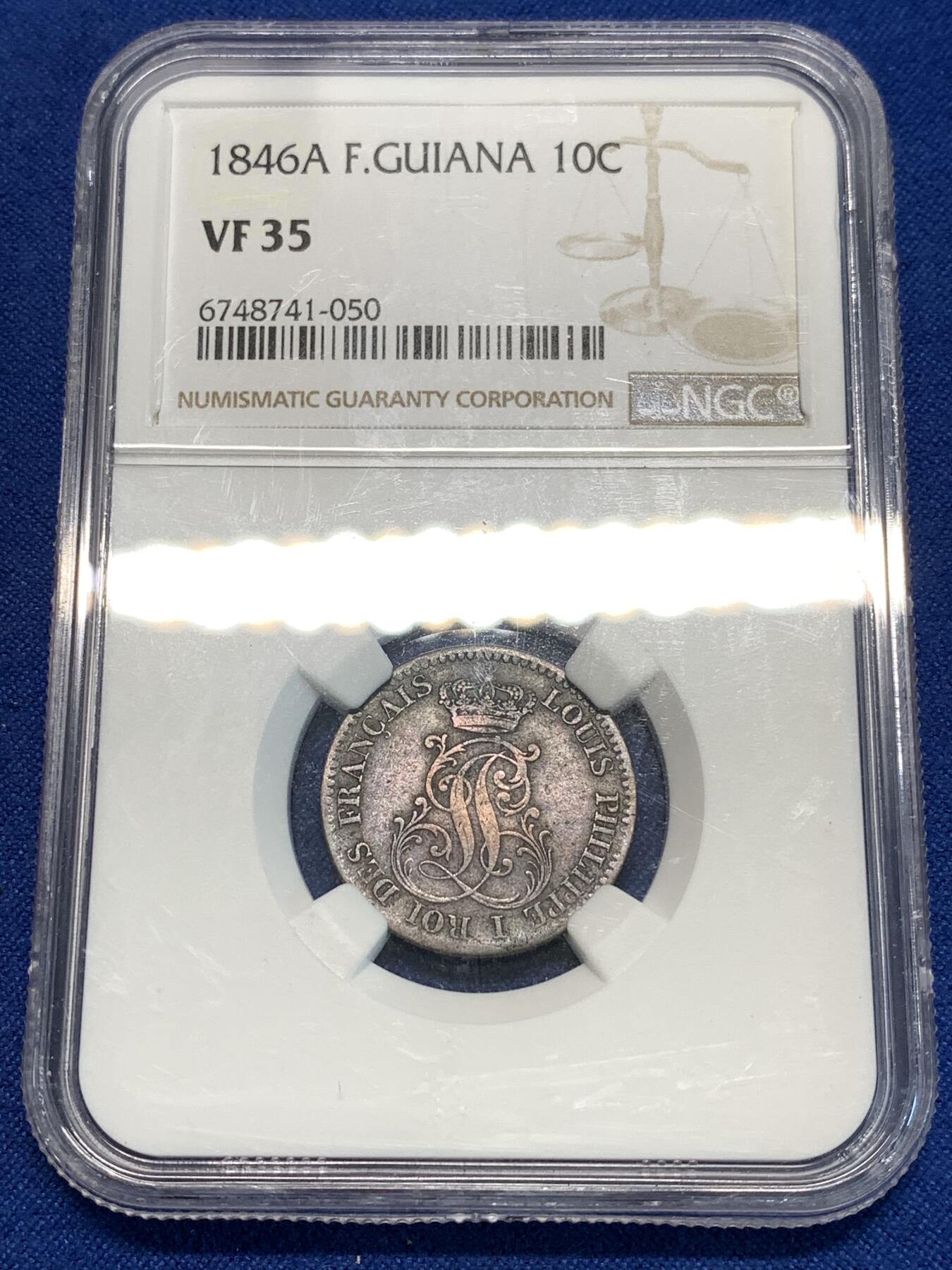 《竞宝斋》第296场- 周日，周一  2场连拍 （全场包邮） NGC VF35 法属圭亚那 1846年A厂10分  路易菲利普一世 MA-VF品相在售RMB508元