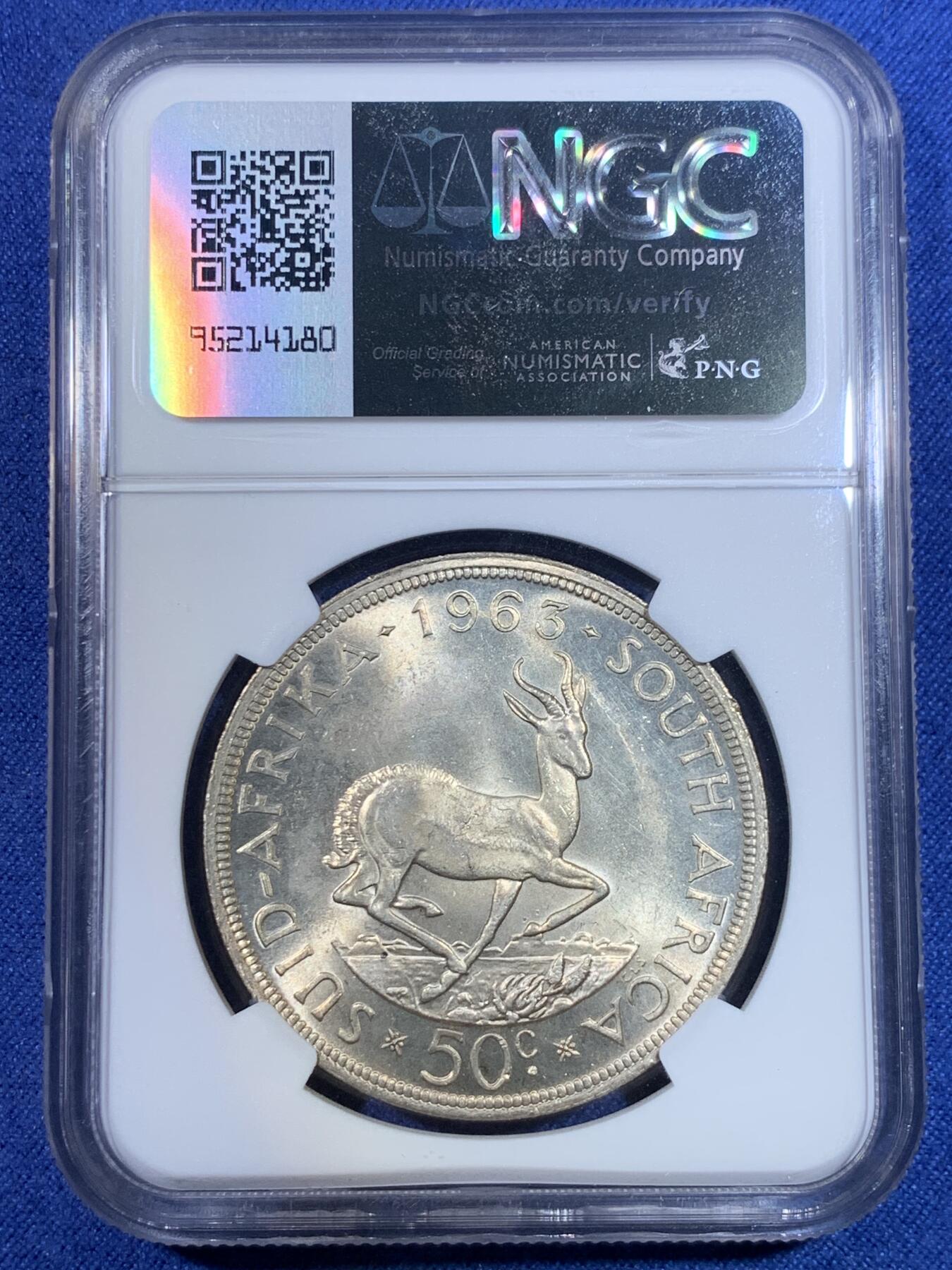 《竞宝斋》第296场- 周日，周一  2场连拍 （全场包邮） NGC MS63 南非1963年吕贝克羚羊50分大银币 淡彩