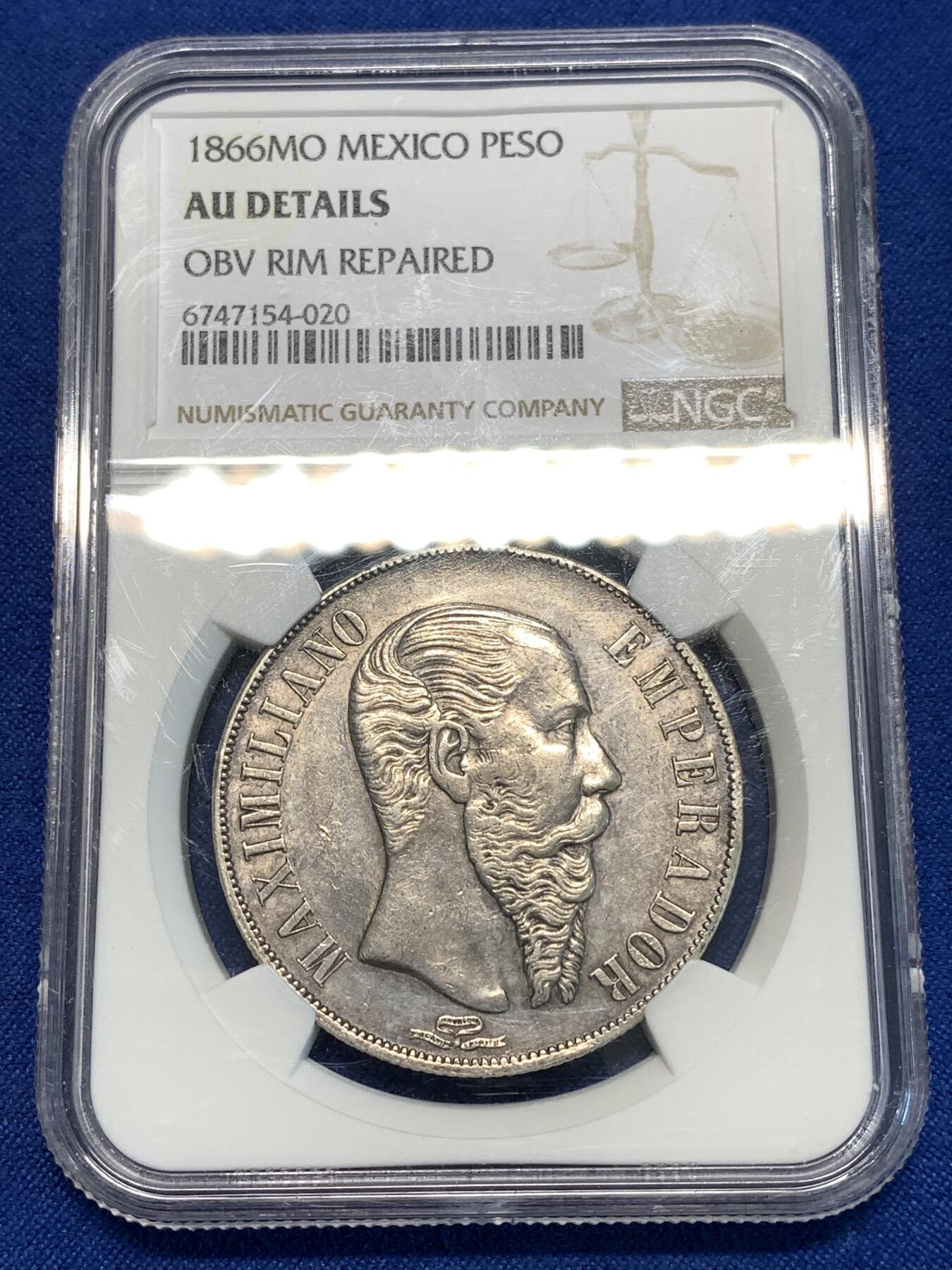 《竞宝斋》第296场- 周日，周一  2场连拍 （全场包邮） NGC AUD 墨西哥马克西米 墨西哥帝国1866年MO 1比索银币主币 高性价比 少见品种 Vcoins VF品相 350美元