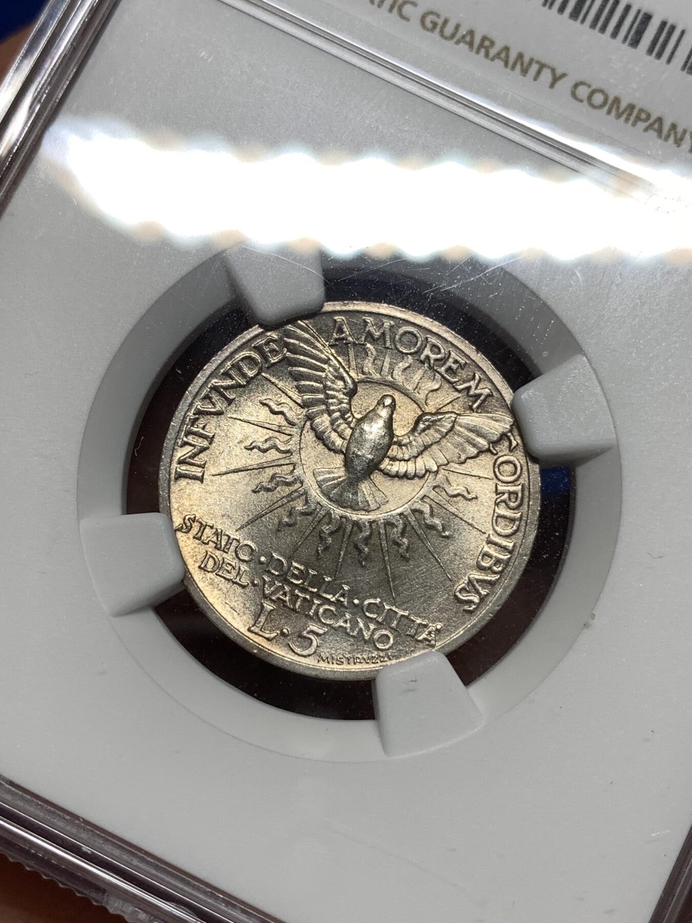 《竞宝斋》第296场- 周日，周一  2场连拍 （全场包邮） NGC UNC 梵蒂冈1939年缺位5里拉银币