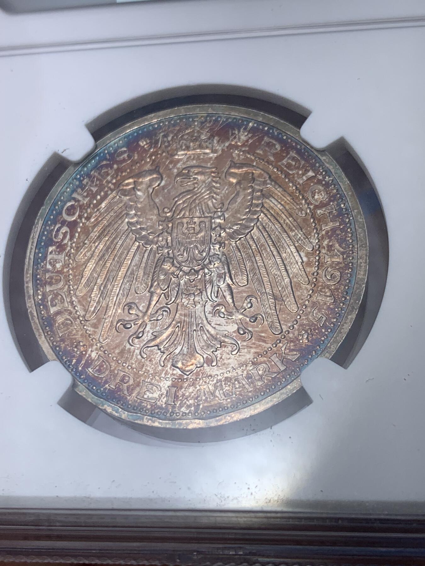 《竞宝斋》第296场- 周日，周一  2场连拍 （全场包邮） NGC PF66 德国梅克伦堡-什末林大公国 1915年精制币3马克 高端马克品种