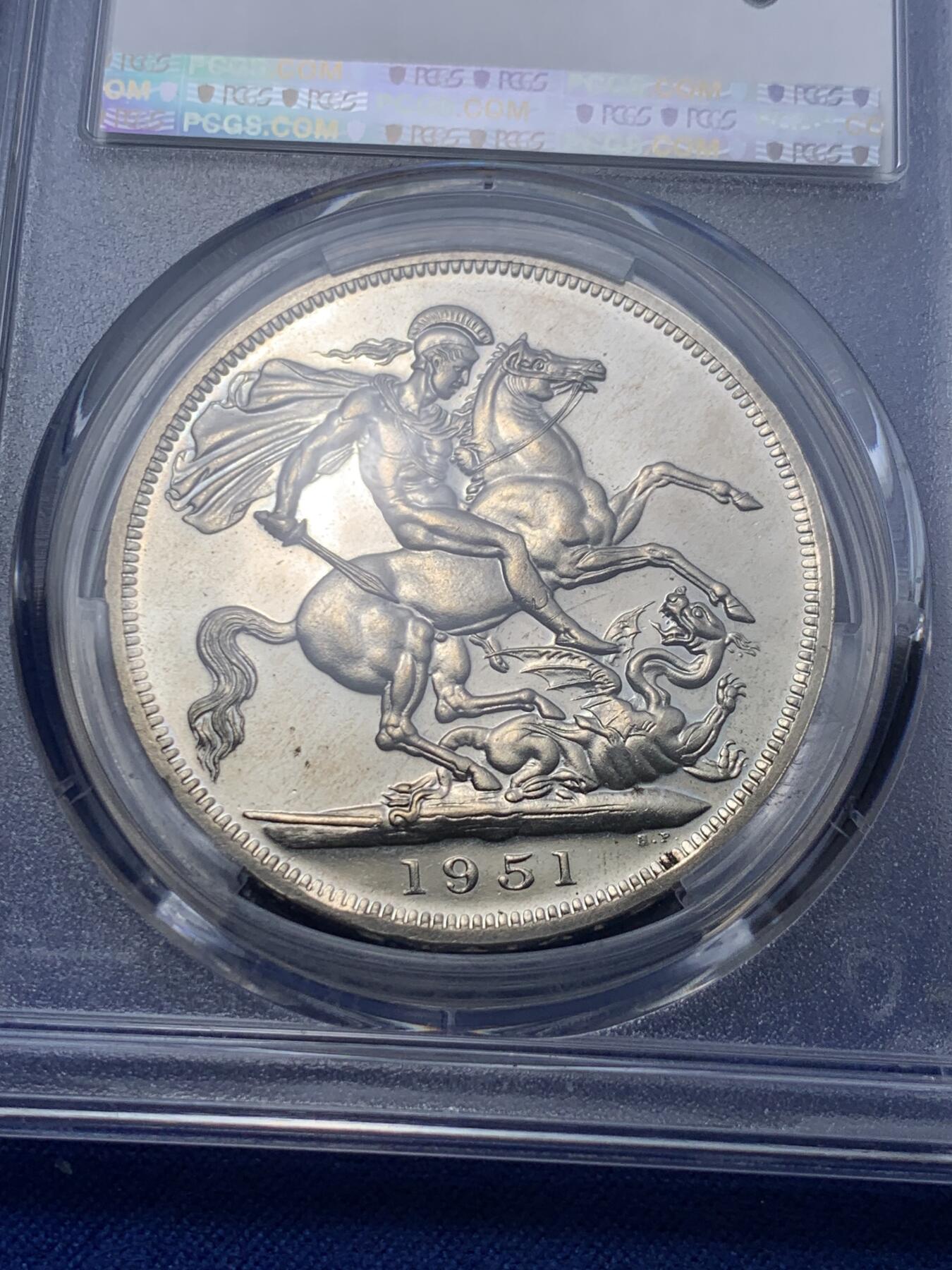 《竞宝斋》第296场- 周日，周一  2场连拍 （全场包邮） NGC PL64 英国1951年乔治六世克朗 最后的镍马剑