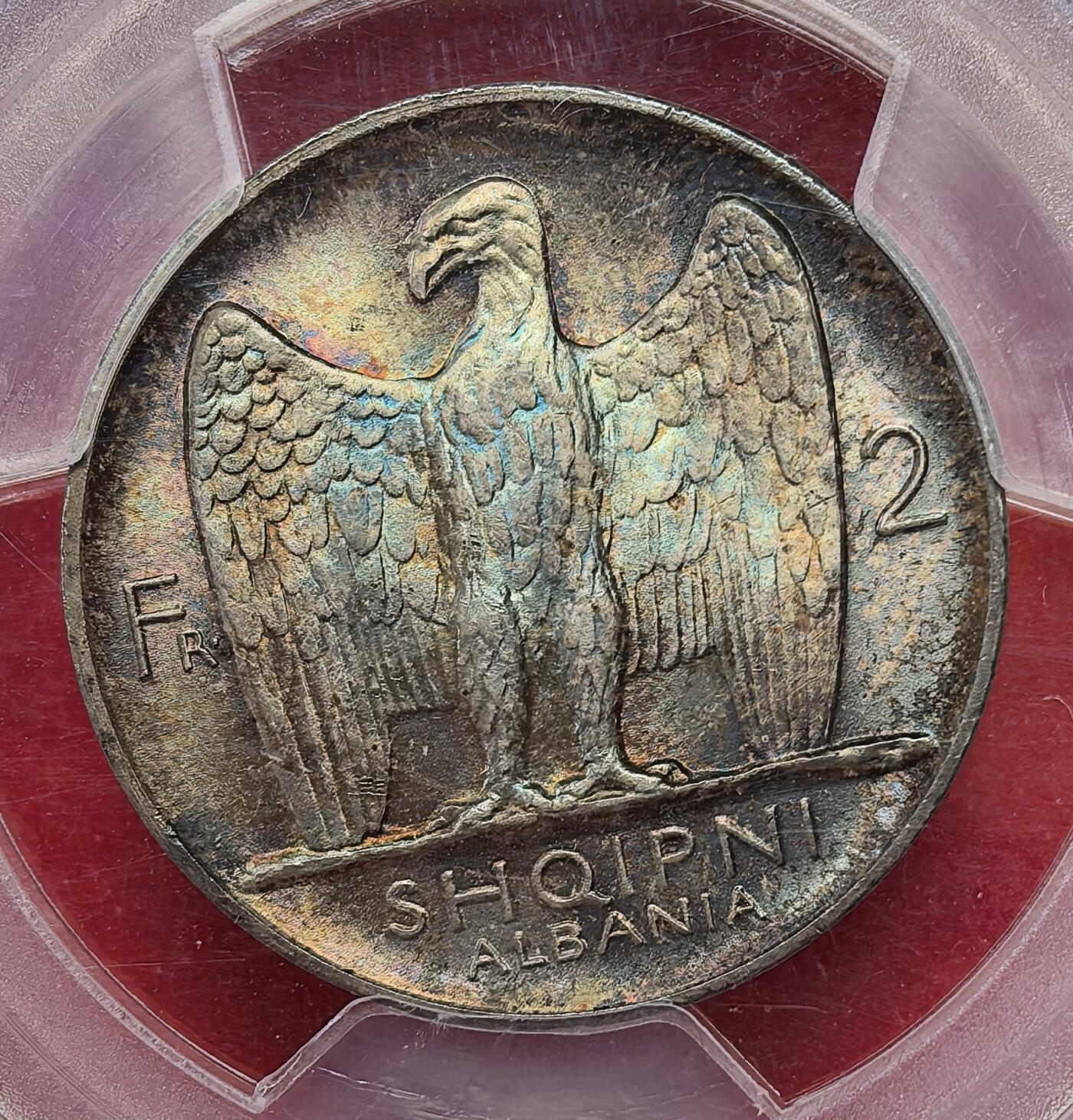 凡希社世界钱币微拍第二百八十期 荐！1926R阿尔巴尼亚播种2法郎PCGS-MS65，名家旧藏，侧光下呈现金色与孔雀蓝光泽，包浆美不胜收，名不虚传的藏家品质！