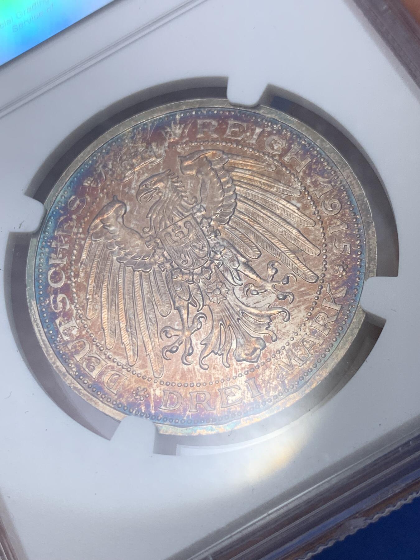 《竞宝斋》第296场- 周日，周一  2场连拍 （全场包邮） NGC PF66 德国梅克伦堡-什末林大公国 1915年精制币3马克 高端马克品种