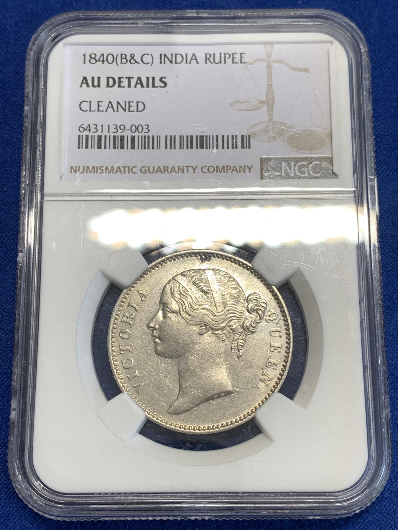 《竞宝斋》第296场- 周日，周一  2场连拍 （全场包邮） NGC AUD 英属印度 1840年 1PUPEE 银币 维多利亚一世双辫版
