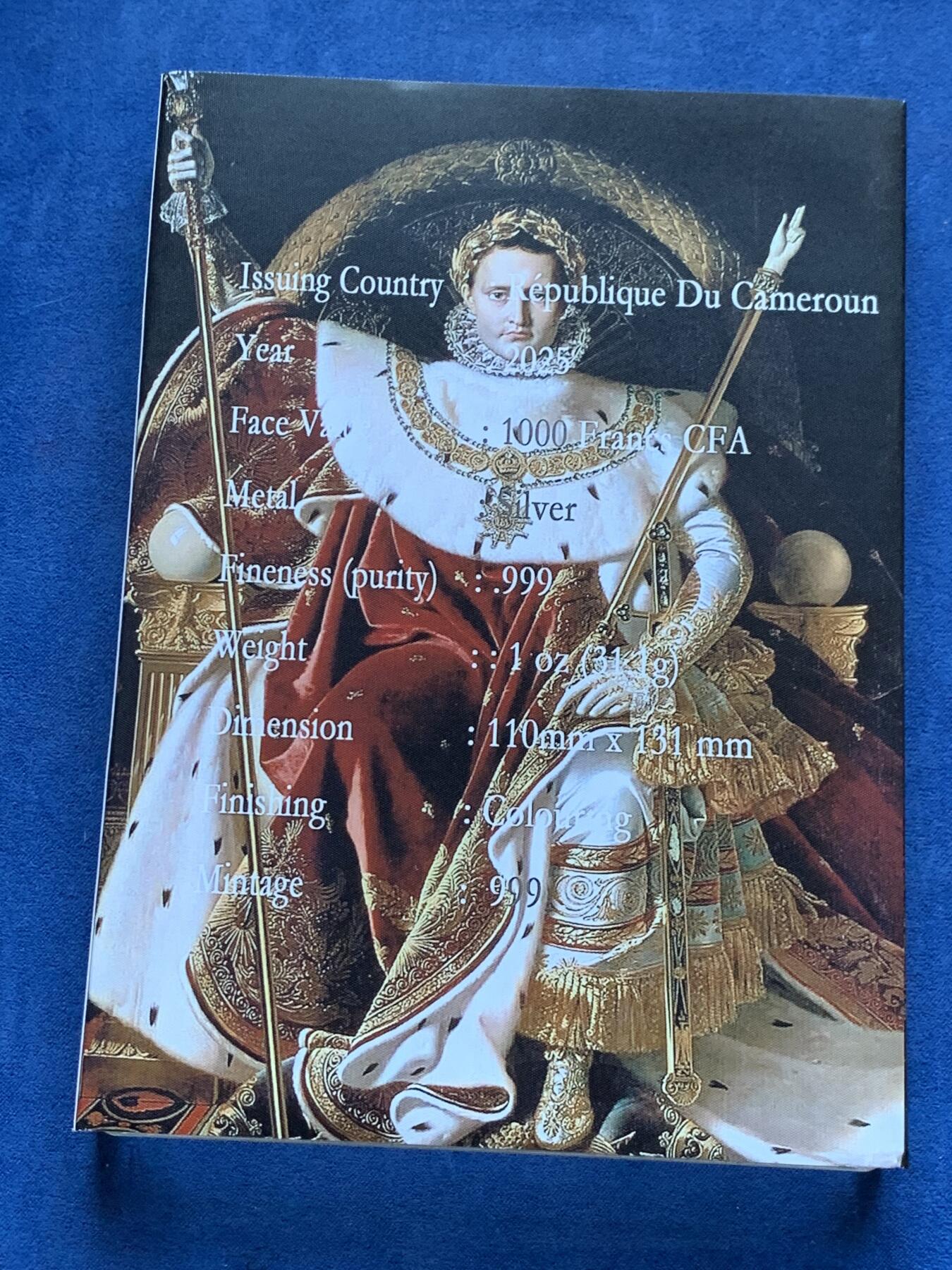 《竞宝斋》第296场- 周日，周一  2场连拍 （全场包邮） 喀麦隆2025年传承之链系列（3）拿破仑双面油画彩钞银币-雅克.路易.大卫《跨越阿尔卑斯山圣伯纳缢道的拿破仑》&让.奥古斯特.多米尼著作的《帝座上的拿破仑》（银币面值1000法郎，限999枚，此枚编号为188号）盒证齐全 精制币 1盎司 999银 110*130mm