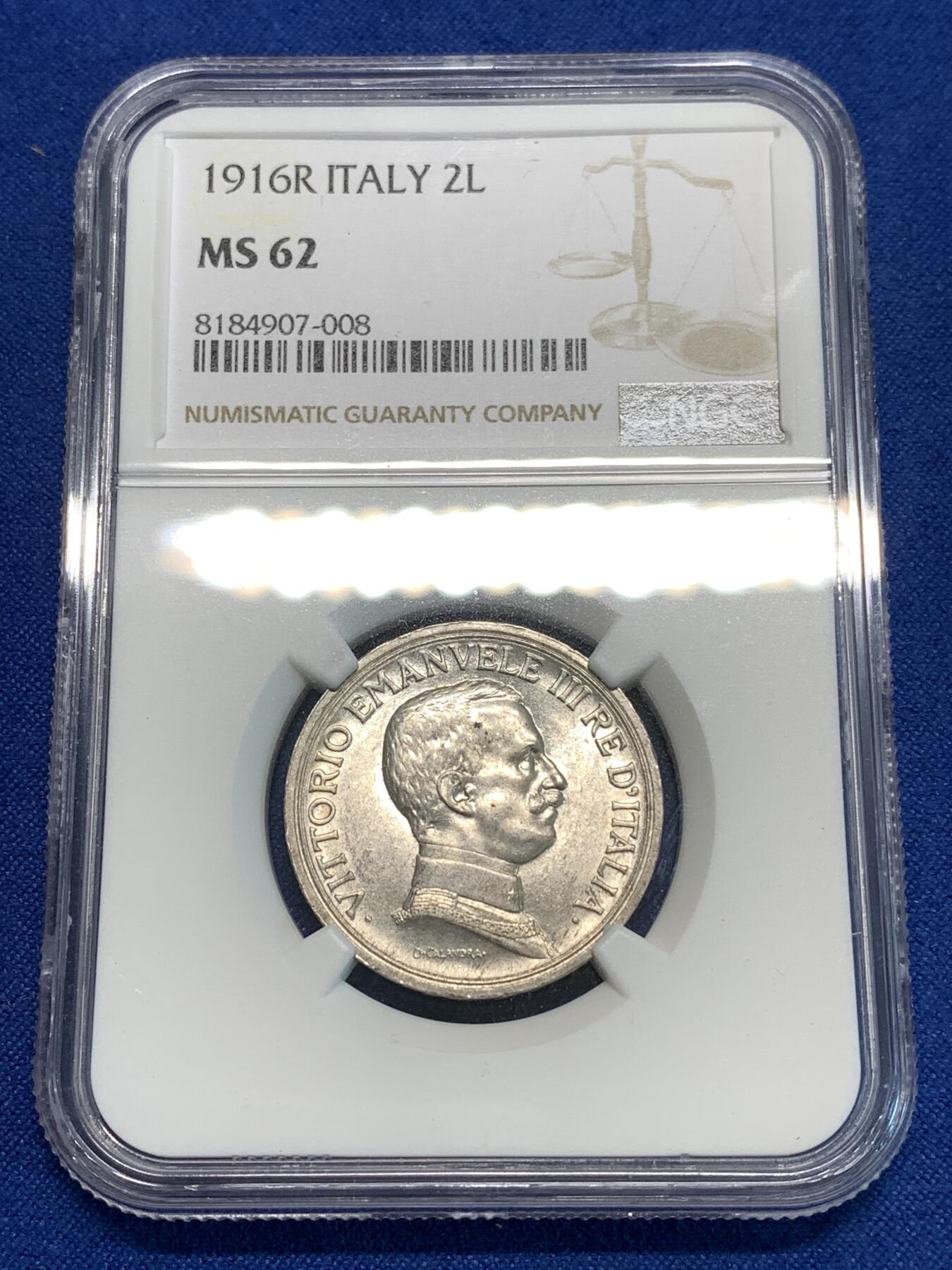 《竞宝斋》第296场- 周日，周一  2场连拍 （全场包邮） NGC MS62 意大利1916R埃马努埃莱三世2里拉 马车银币