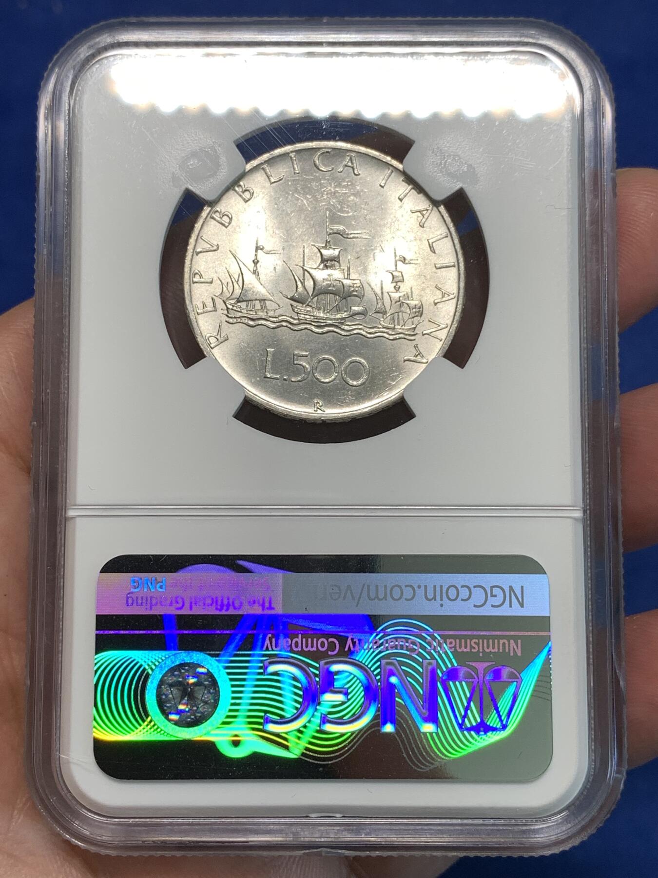 《竞宝斋》第296场- 周日，周一  2场连拍 （全场包邮） NGC MS62 原光意大利1964年帆船女神500里拉银币 设计精美 低评了