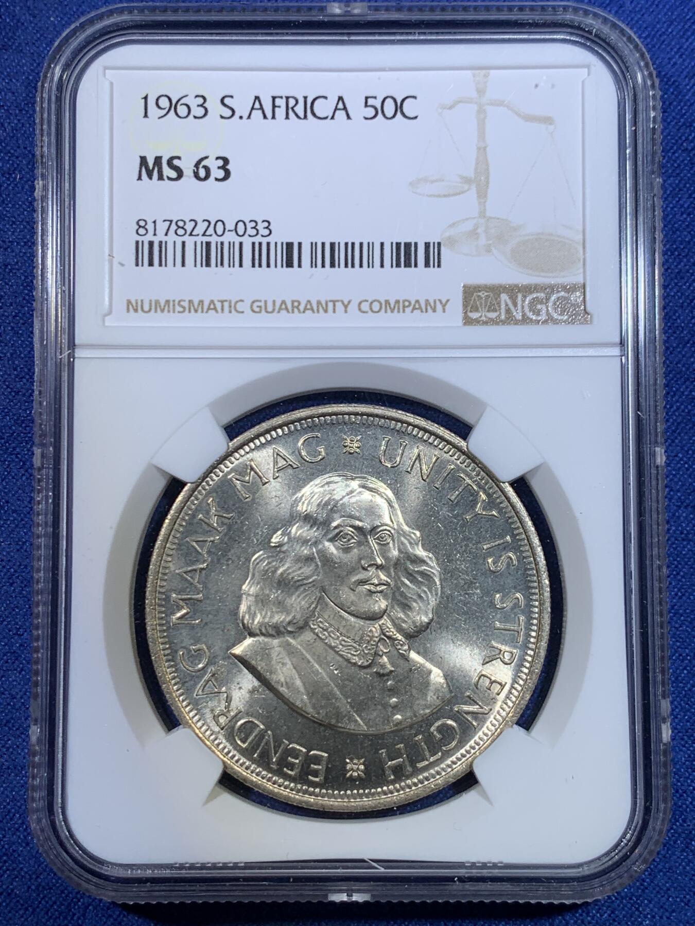 《竞宝斋》第296场- 周日，周一  2场连拍 （全场包邮） NGC MS63 南非1963年吕贝克羚羊50分大银币 淡彩