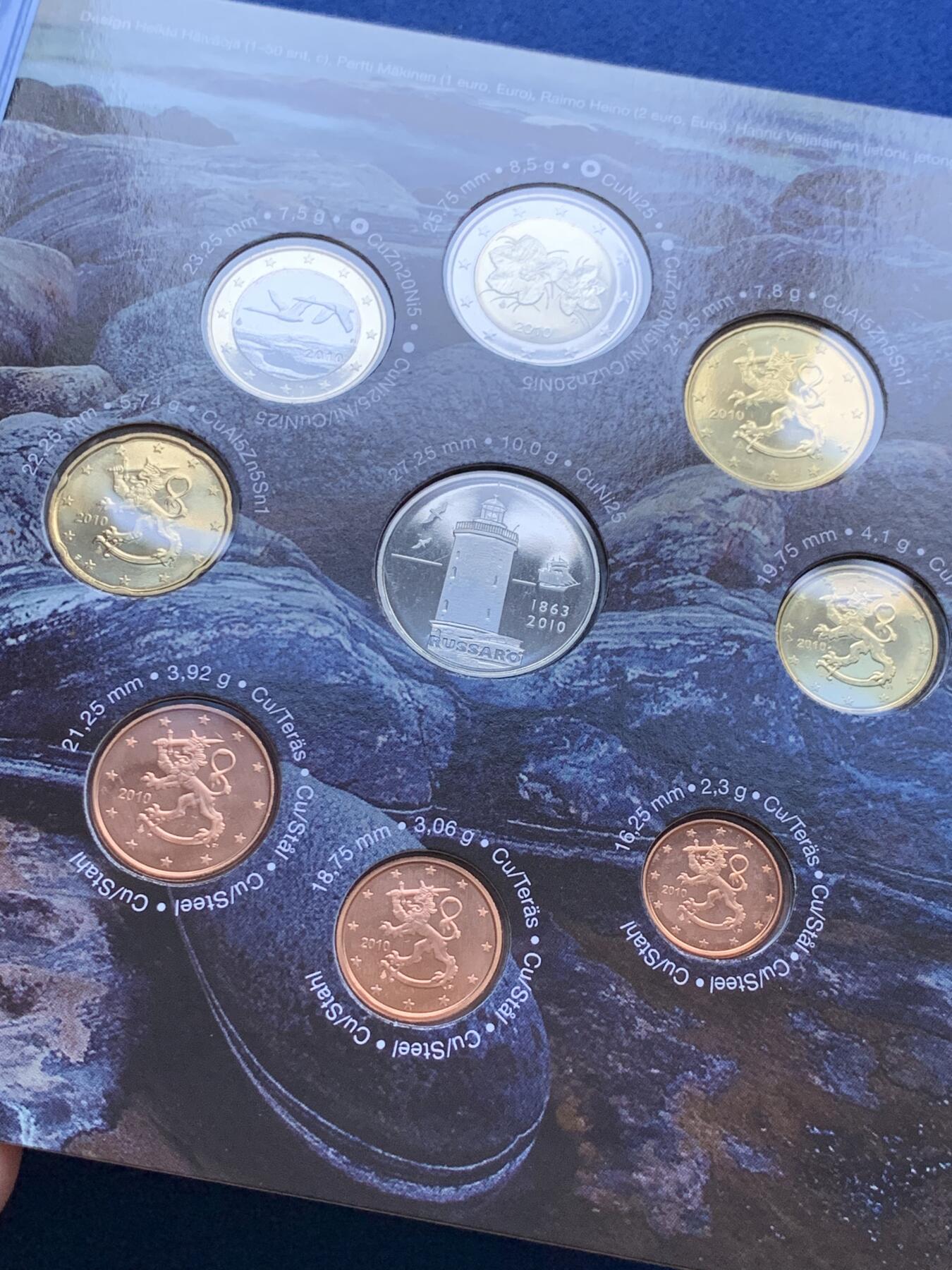 《竞宝斋》第296场- 周日，周一  2场连拍 （全场包邮） 2010年芬兰灯塔系列欧元套币 带一枚纪念章