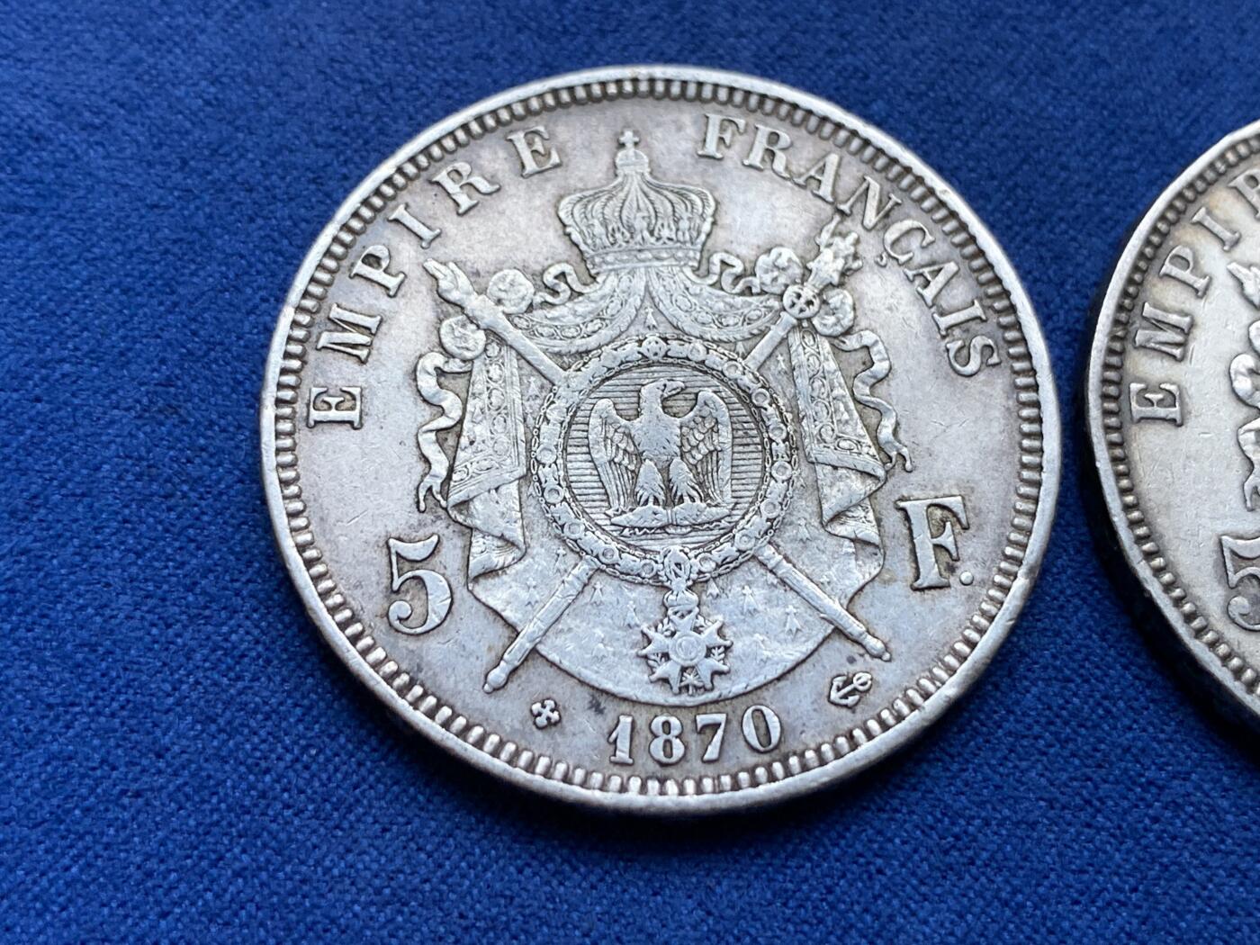 《竞宝斋》第296场- 周日，周一  2场连拍 （全场包邮） 两枚一组 法国 1868/1870年 拿破仑三世 5法郎银币