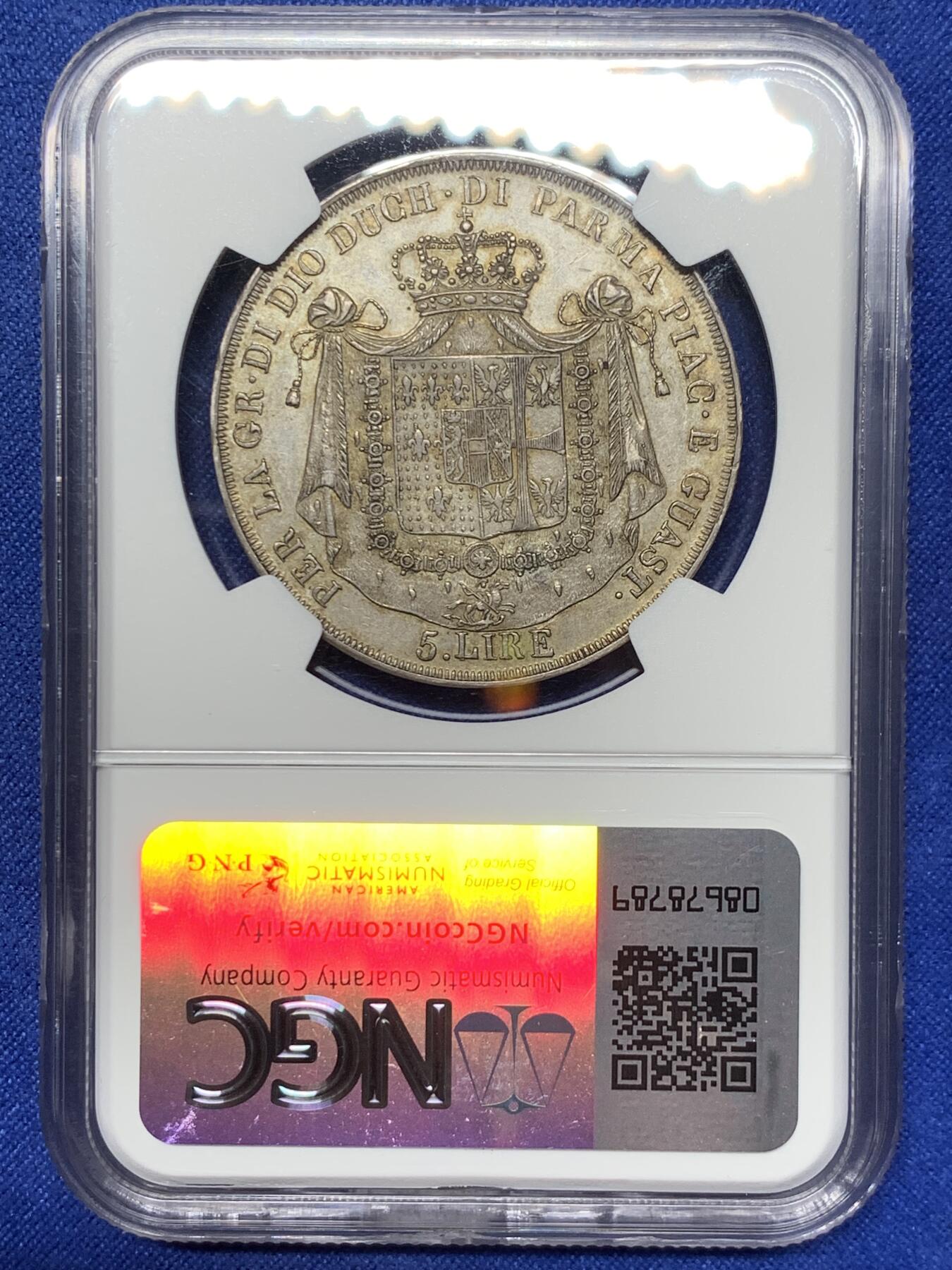 《竞宝斋》第296场- 周日，周一  2场连拍 （全场包邮） NGC AU58 意大利 1832/15年 5里拉银币 （帕尔马王朝稀有银币，1832年铸造量仅4.4万枚，骑字版更是相当难得，细节优秀，熟美欧洲包浆）