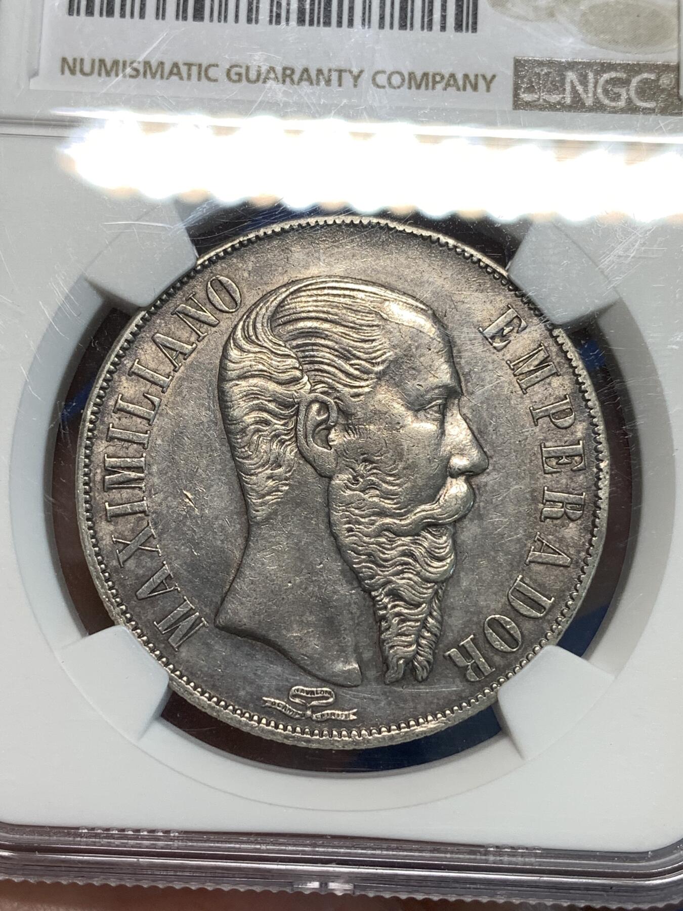 《竞宝斋》第296场- 周日，周一  2场连拍 （全场包邮） NGC AUD 墨西哥马克西米 墨西哥帝国1866年MO 1比索银币主币 高性价比 少见品种 Vcoins VF品相 350美元